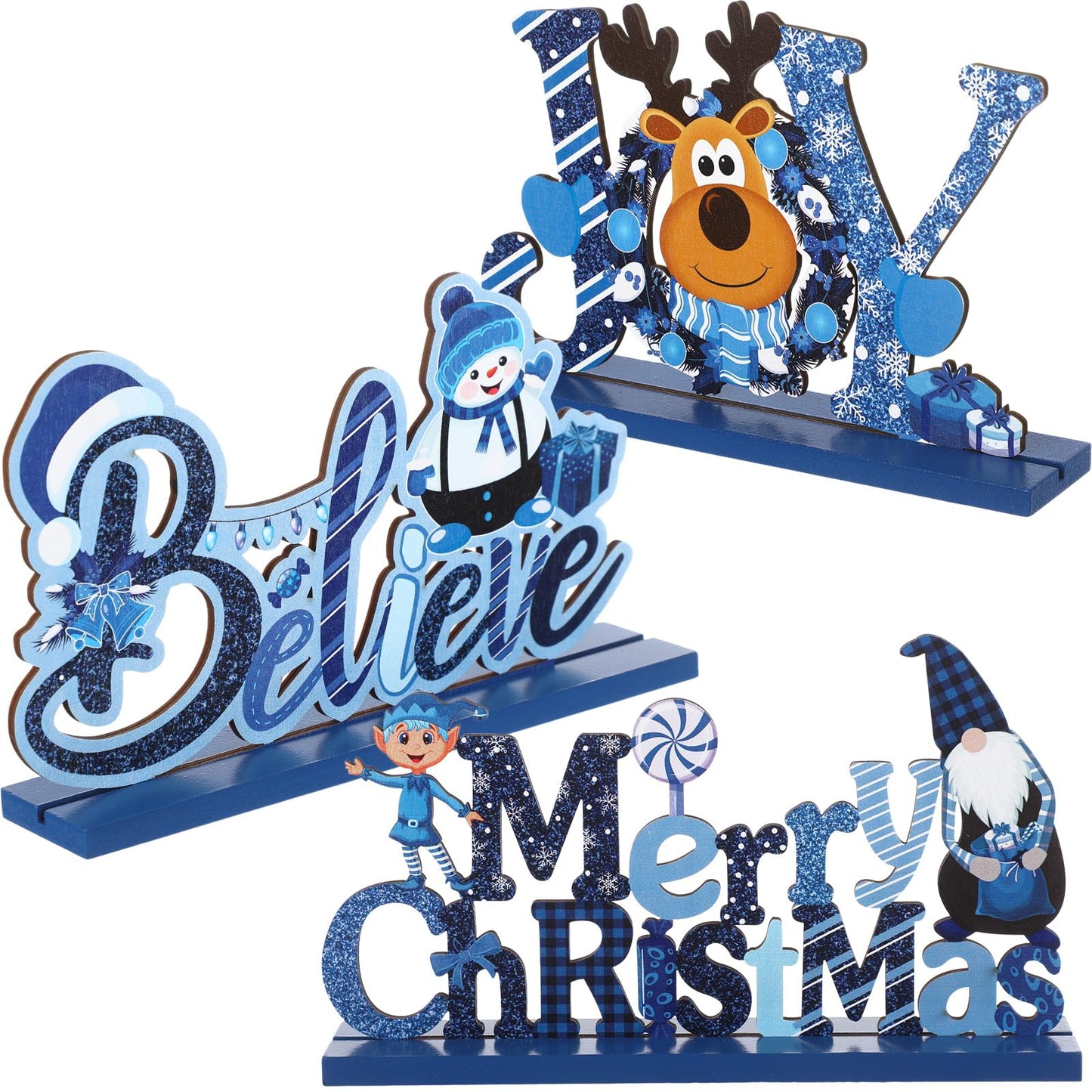 Blulu 3 Pcs Christmas Decorations Indoor Centerpieces for Tables Tabletop Wooden Signs Farmhouse Centerpieces Xmas Snowman Santa Claus Gnome Signs Merry Christmas for Xmas Holiday Party Decor(Blue)