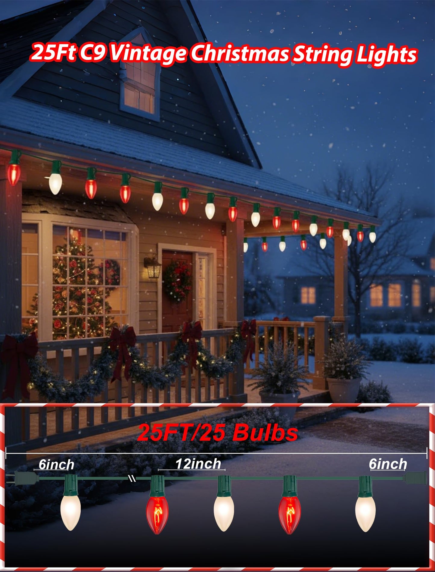 Pallerina 25ft C9 Red and White Christmas Lights,Waterproof C9 Christmas String Lights with 26 Red White Bulbs,Commercial Xmas Lights Outdoor for Garden House Xmas Garland Tree Decorations