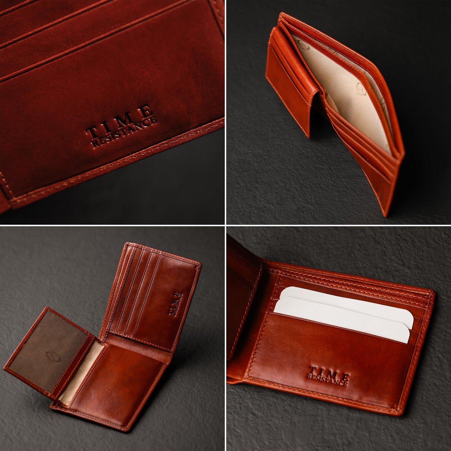 Time Resistance Leather Wallet – Italian Handmade Minimalist Design Wallet - Billfold Credit Card and Cash Holder (Cognac Brown)
