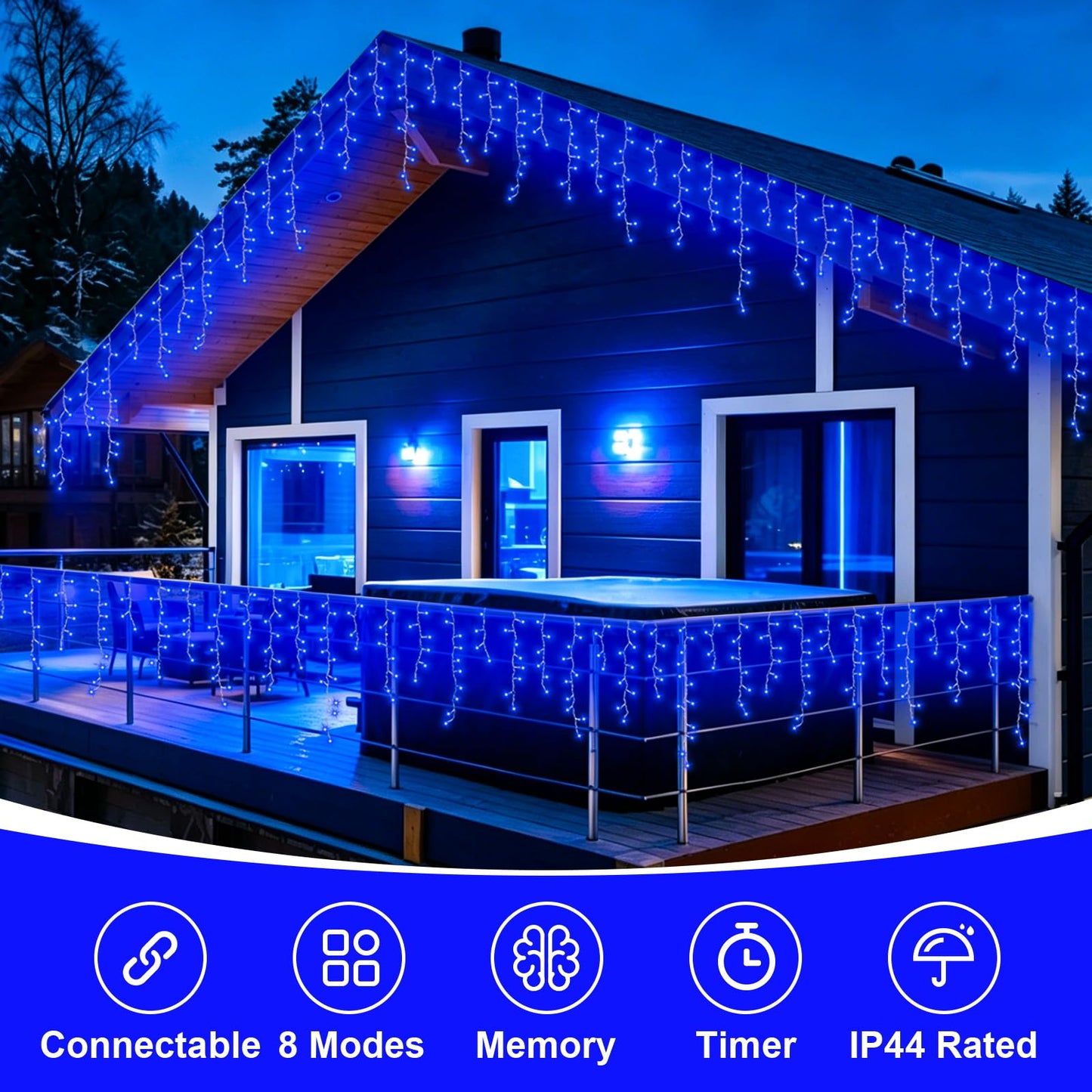QITONG Blue Icicle Lights for Outside, 33ft 400 LED String Lights Plug in with 8 Modes, Clear Wire Connectable Icicle Christmas Light Indoor