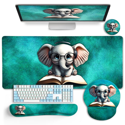 LIMKRIAN Desk Mat Pad, Large Gaming Mouse Pad with Wrist Rest Wrist Support, Ergonomic Mouse Pad Keyboard Mat Wrist Rest, Cup Coaster, Home Office Desk Accessories Decor Supplies, Cute Elephant