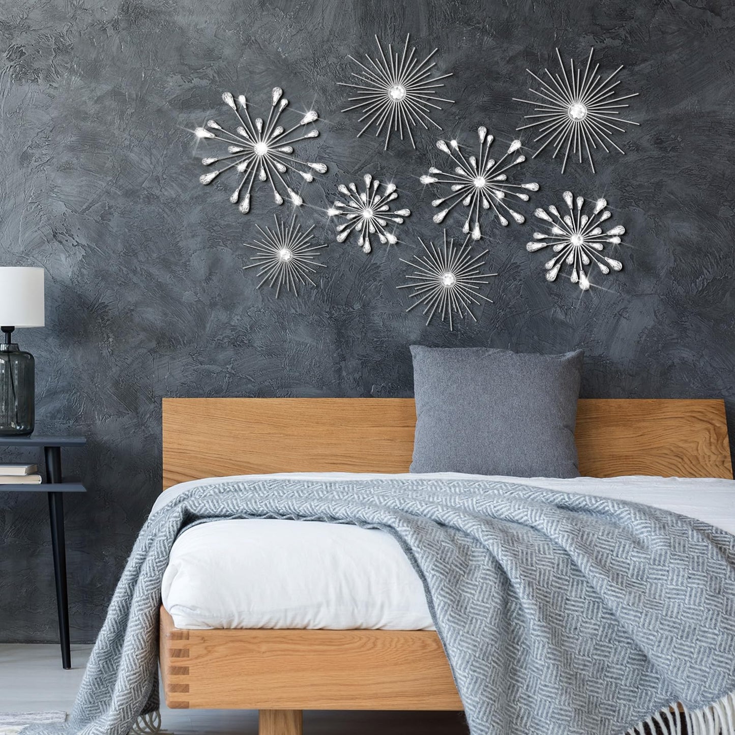 Blulu 8 Pcs Silver Metal Wall Art Cast Iron Starburst Wall Decor Bling Crystal Sculptures Living Room 3D Teardrop Radial Rhinestone Hanging Diamond Accents for Home Office Bedroom Entryway