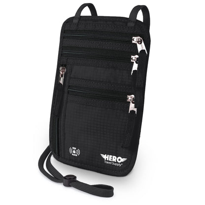 HERO Neck Wallet - RFID Blocking Passport Holder, Easy to Conceal Travel Pouch (Black)
