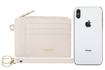 Women Slim Rfid Blocking Credit Card Case Holder Wristlet Zip ID Case Wallet Small Compact Leather Wallet Coin Purse with Keychain (Beige)