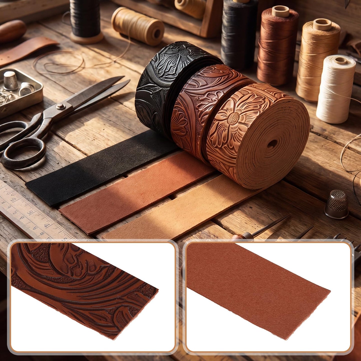 Eccliy 1 Inch 3 Pack Embossed Faux Leather Strips for Crafts 2 mm Thickness 78.7 Inches Long Leather Straps Vintage Western Bump Texture for DIY Belt Tooling Earrings Bows Projects (Earthy)