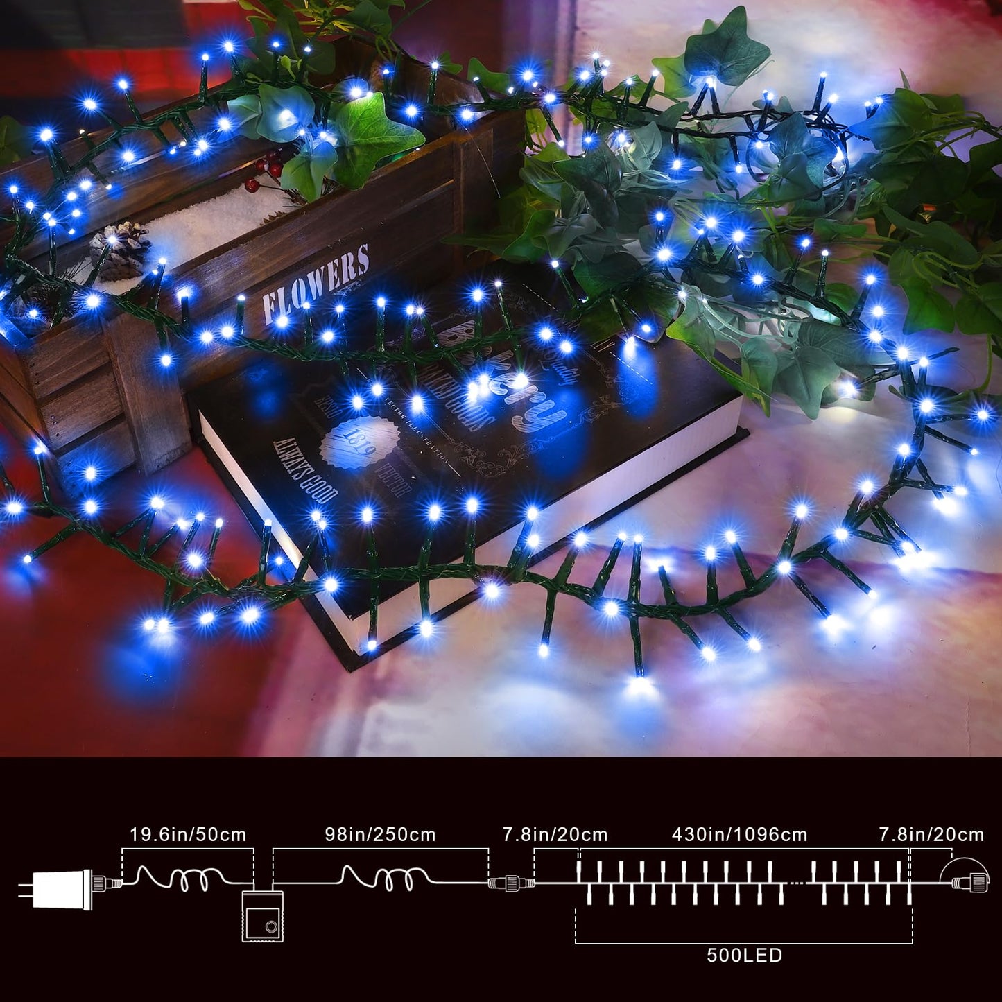 LAMPHOME 500 LED Blue String Lights, 46ft 11 Modes Connectable LED Lights, Waterproof Blue Fairy Lights Plug in, Christmas Tree Lights Outdoor for Xmas Party Garden Bedroom Decor