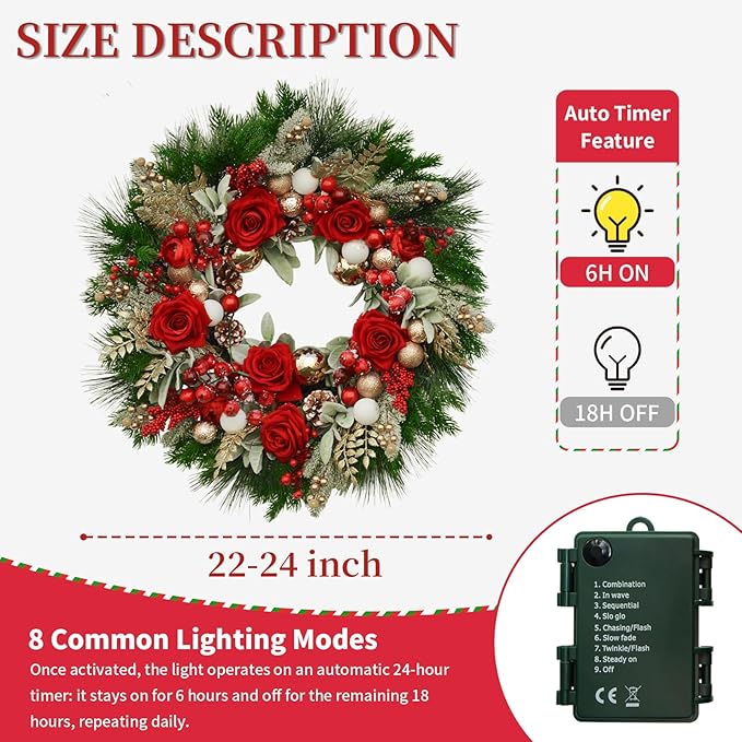 24 Inch Artificial Christmas Wreath for Front Door, Christmas Rose Floral Wreath with Lamb's Ear Red Berries Pine Cones Golden Leaves, Winter Wreaths for Front Door Wall Home Outdoor Decor