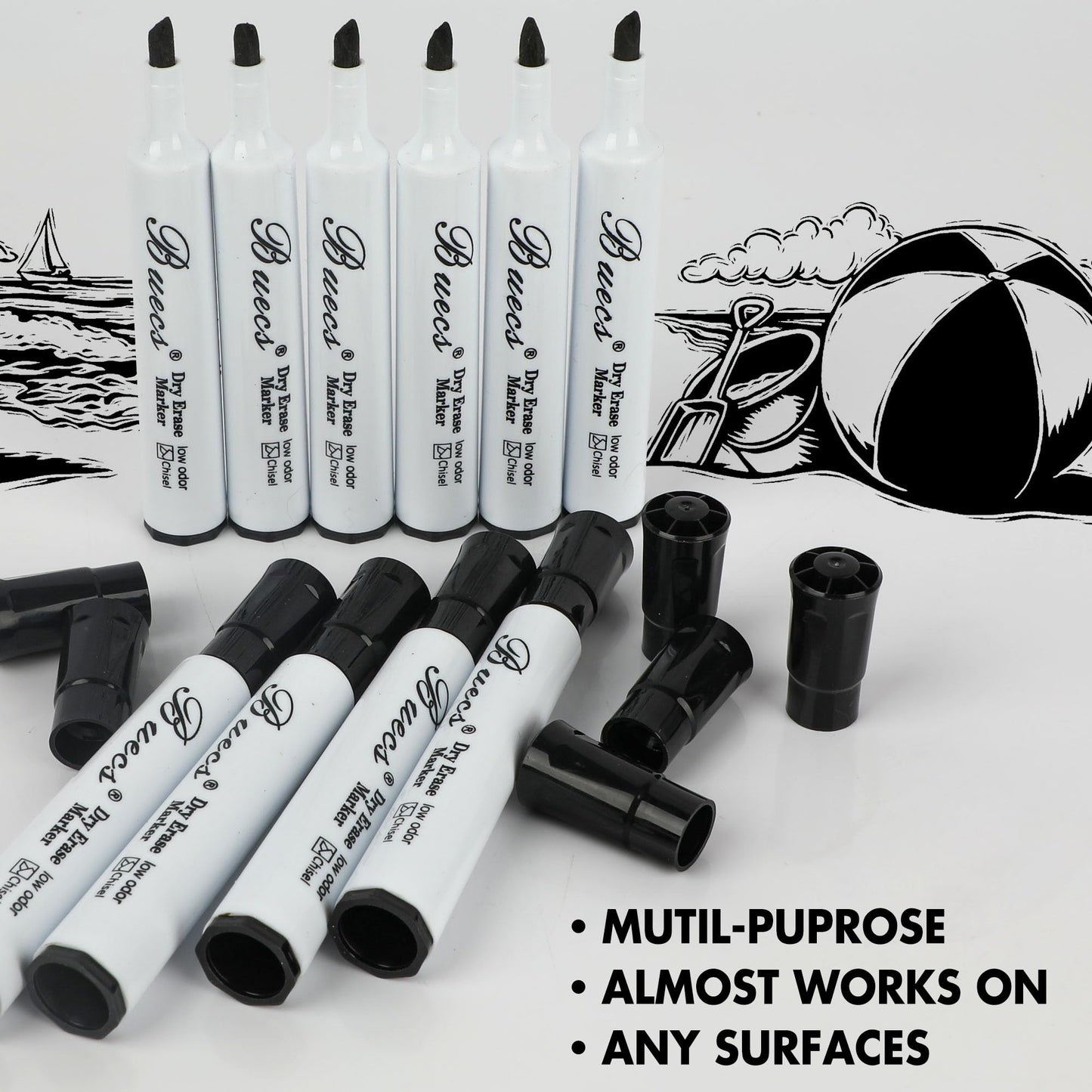 Buecs Black Dry Erase Markers, Low-Odor, 80 Count, Chisel tip, Perfect for Writing on Whiteboards, Dry-Erase Boards, Glass, Office Supplies