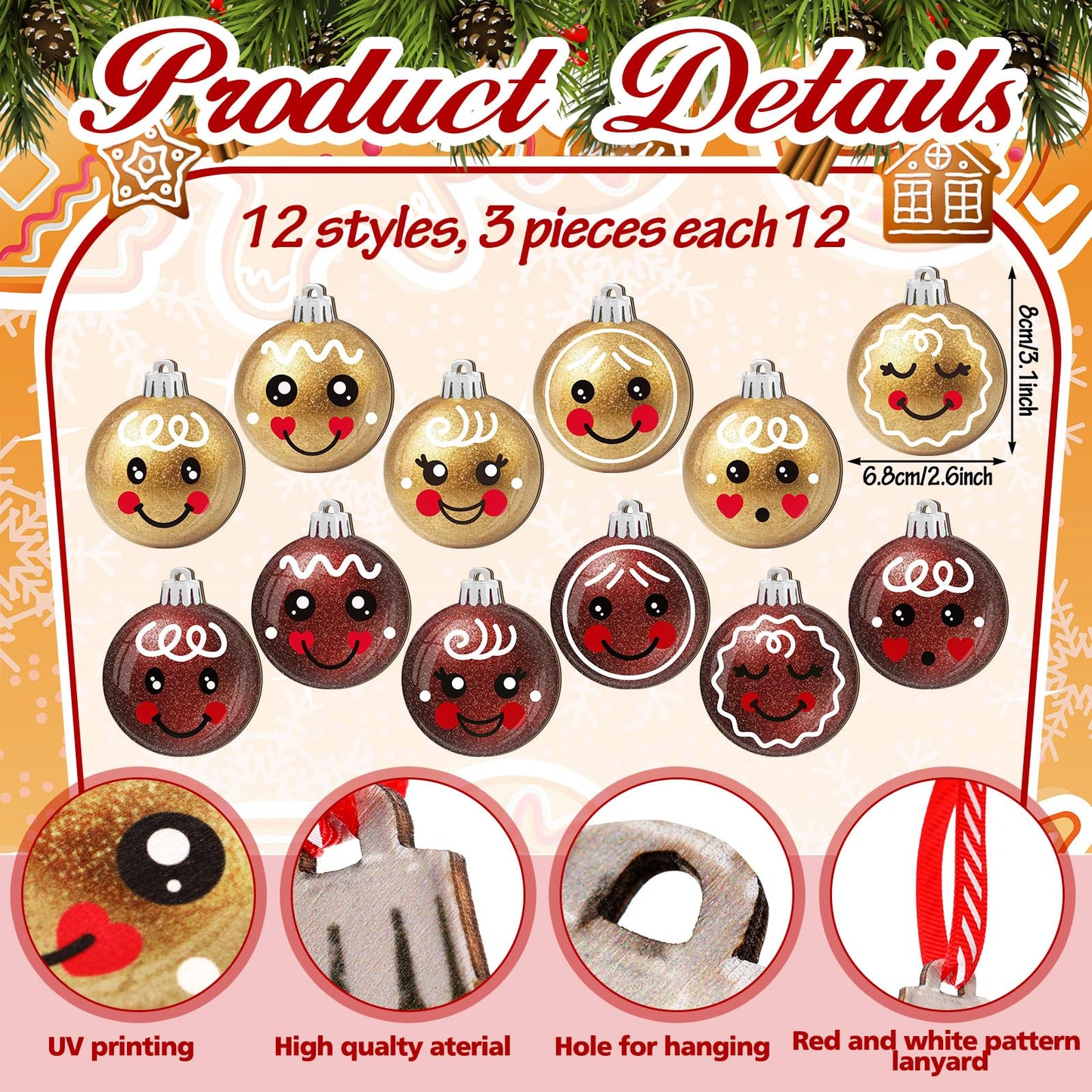 Wonderjune 36 Pcs Christmas Gingerbread Face Ornaments Wooden Gingerbread Tree Decoration Glitter Red Gold Christmas Hanging Ornaments Smile Wood Hanging Pendants for Xmas Tree Party Holiday Decor