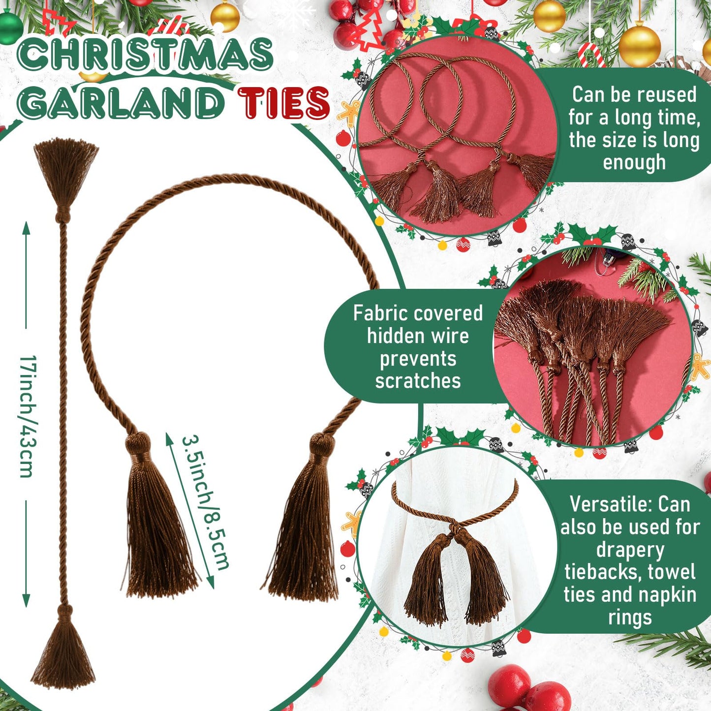 Zhengmy 15 Pcs 24 Inch Christmas Garland Ties with Tassels Decorative Twist Tie for Banister Reusable Flexible Twist Tie for Garland Fireplace Staircase Banister Home Xmas Holiday Decorations (Brown)