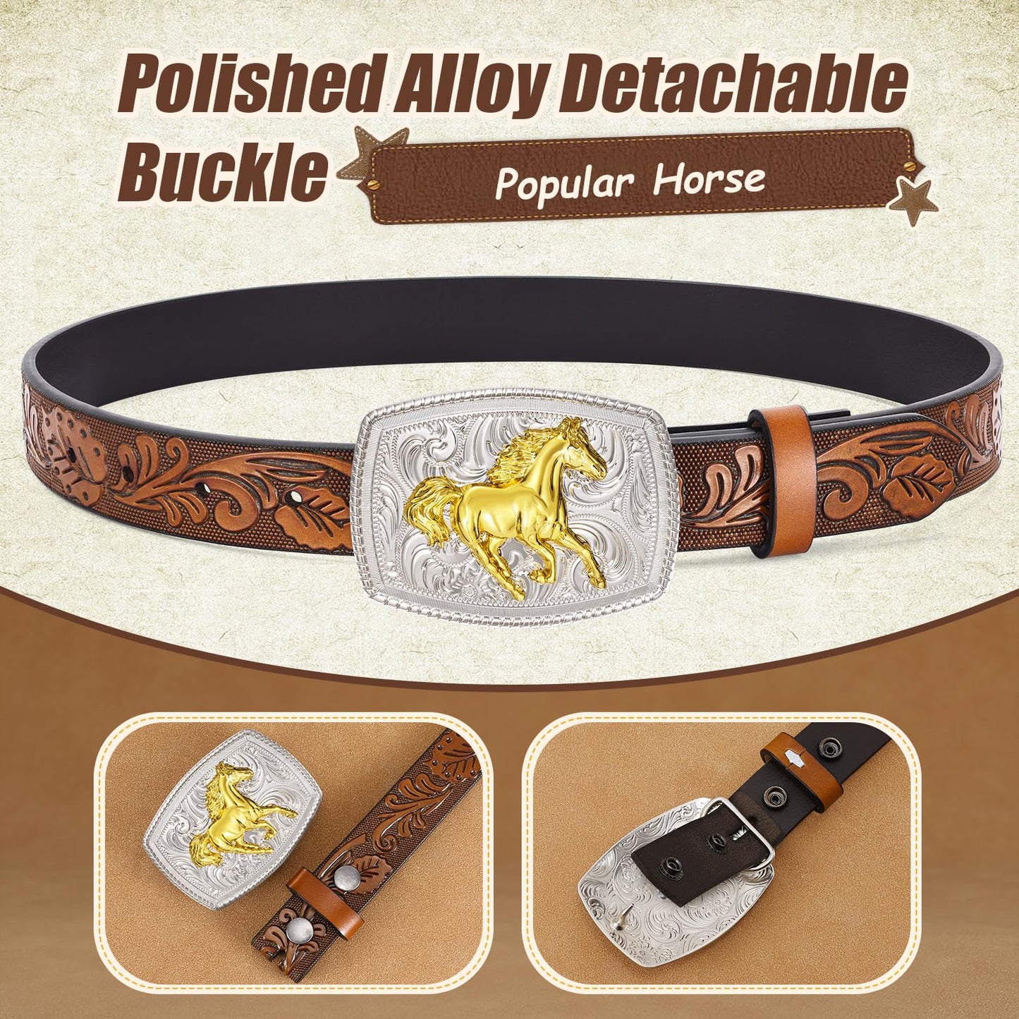 JKEEMI Kids Western Belt, Boys Girls Cowboy Belt for Kids with Detachable Square Buckle and Genuine Leather for Jeans Gifts