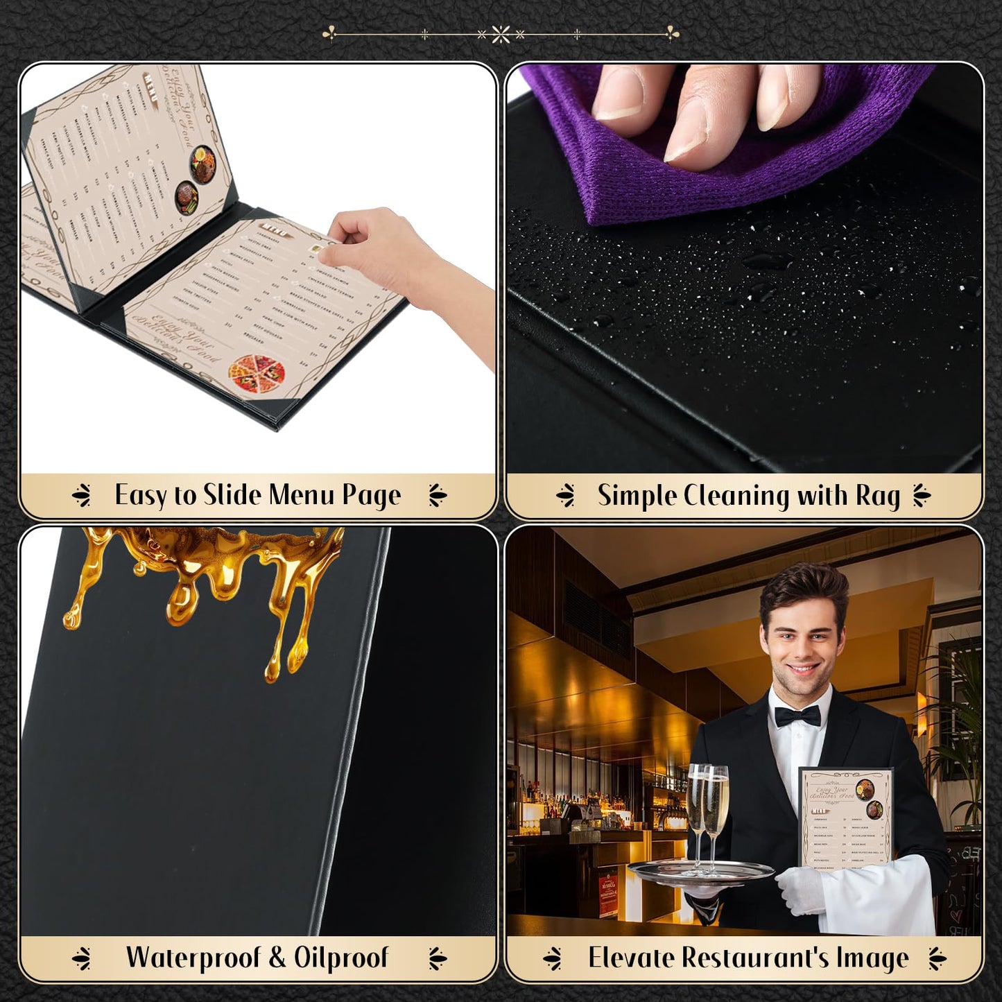 FLKQC Restaurant Menu Covers Holders 8.5 X 11, 5 Pack Synthetic Leather Menu Holder Covers Book Style with Angled Corners Black for Wine List, Certificate Organizer Diploma Holder (3 Page 4 View)