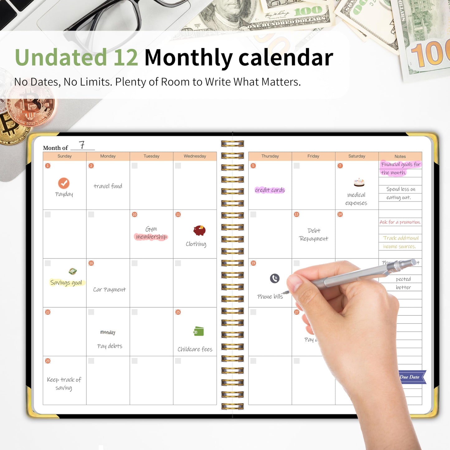 Budget Planner - Monthly Budget Book B5, Undated 12 Month Expense Tracker Notebook with Metal Corner Protectors & Bill Organizer, Hard Cover Financial Account Book for Women Men Home Business, Black