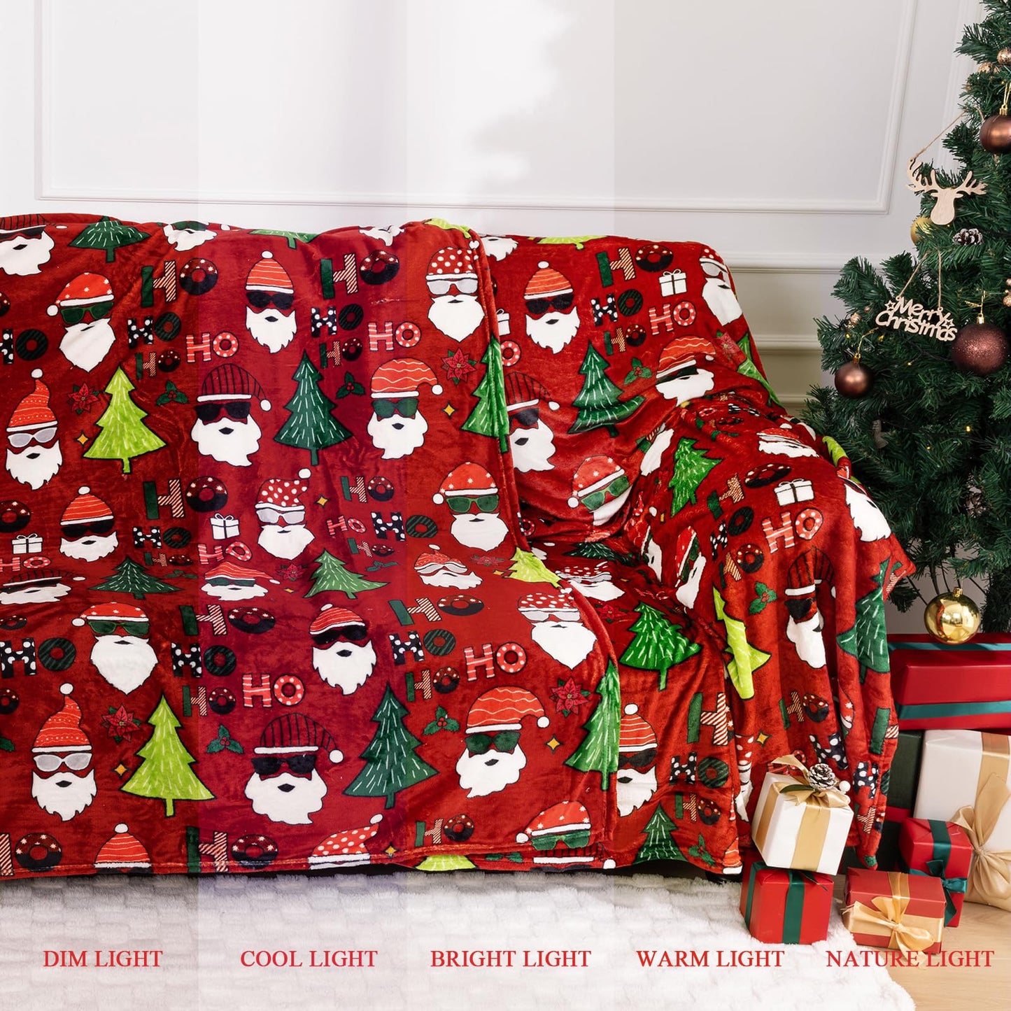 Christmas Throw Blanket, Santa Claus Christmas Tree Printed Fleece Blanket, Soft, Plush, Warm Winter Cabin Bed Throw, 50x60