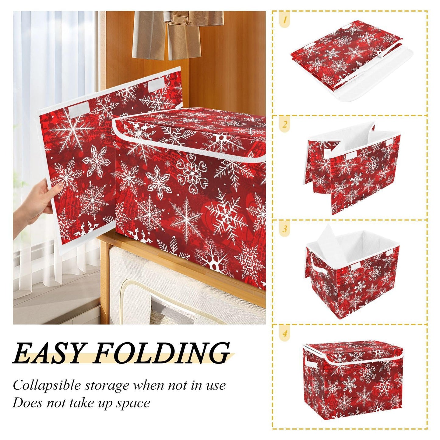 senya Christmas Baskets Collapsible Storage Bins with Lids, Christmas Red Pattern with Snowflakes Flower Storage Boxes Clothes Baskets for Organizing