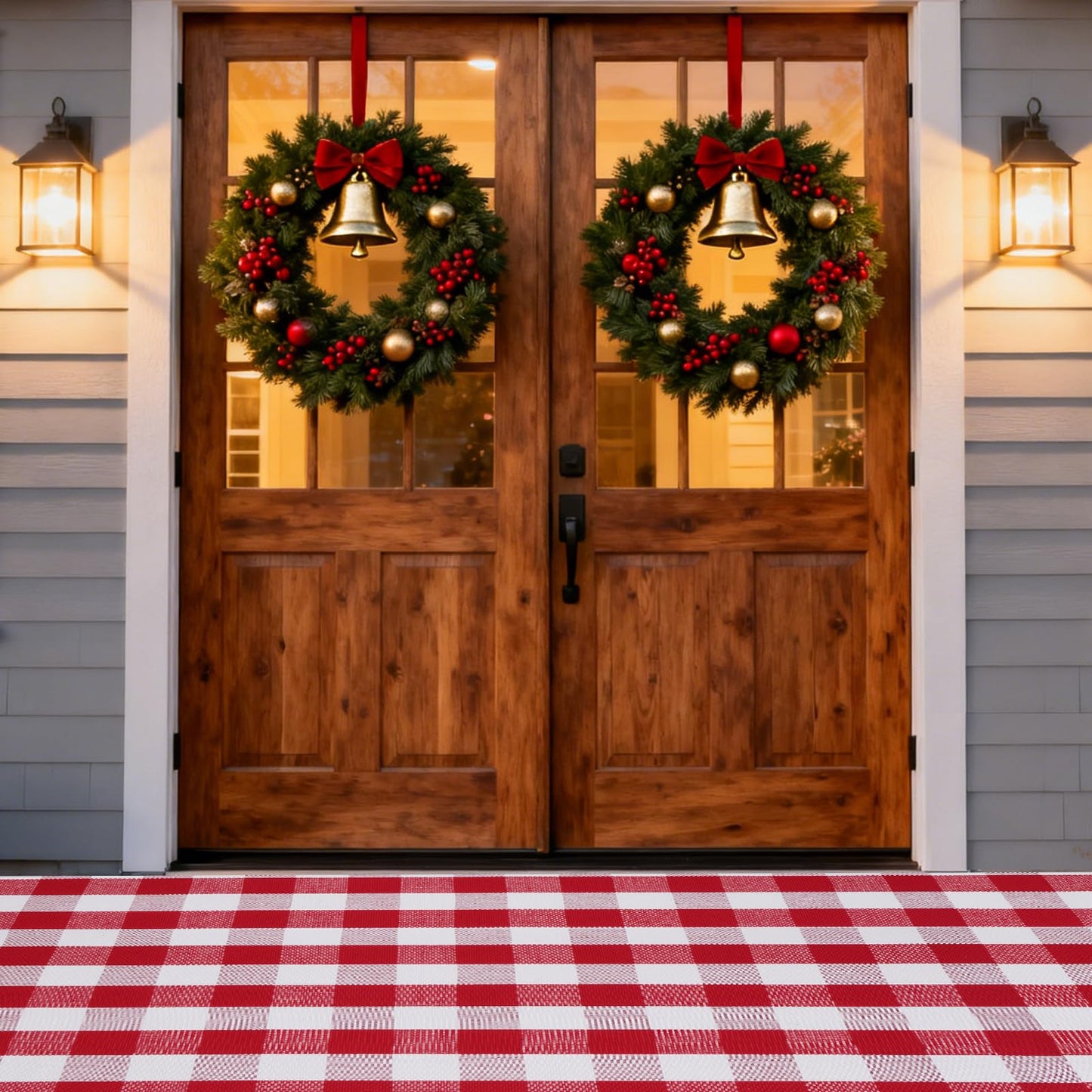 Christmas Red and White Plaid Rug 5 x 7 Ft, Hand-Woven Indoor/Outdoor Layered Cotton Blend Buffalo Plaid Rug, Washable Front Door Mat, Perfect for Porch, Living Room, Entryway