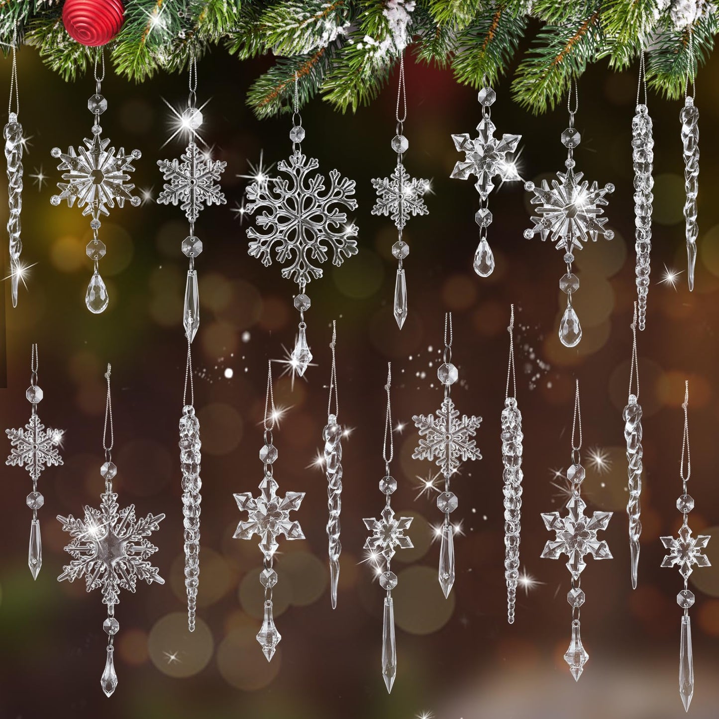 24pcs Snowflake Icicle Ornaments Christmas Tree Decorations - Large Crystal Acrylic Indoor Hanging Decor Set for Xmas Winter Themed Wonderland Party