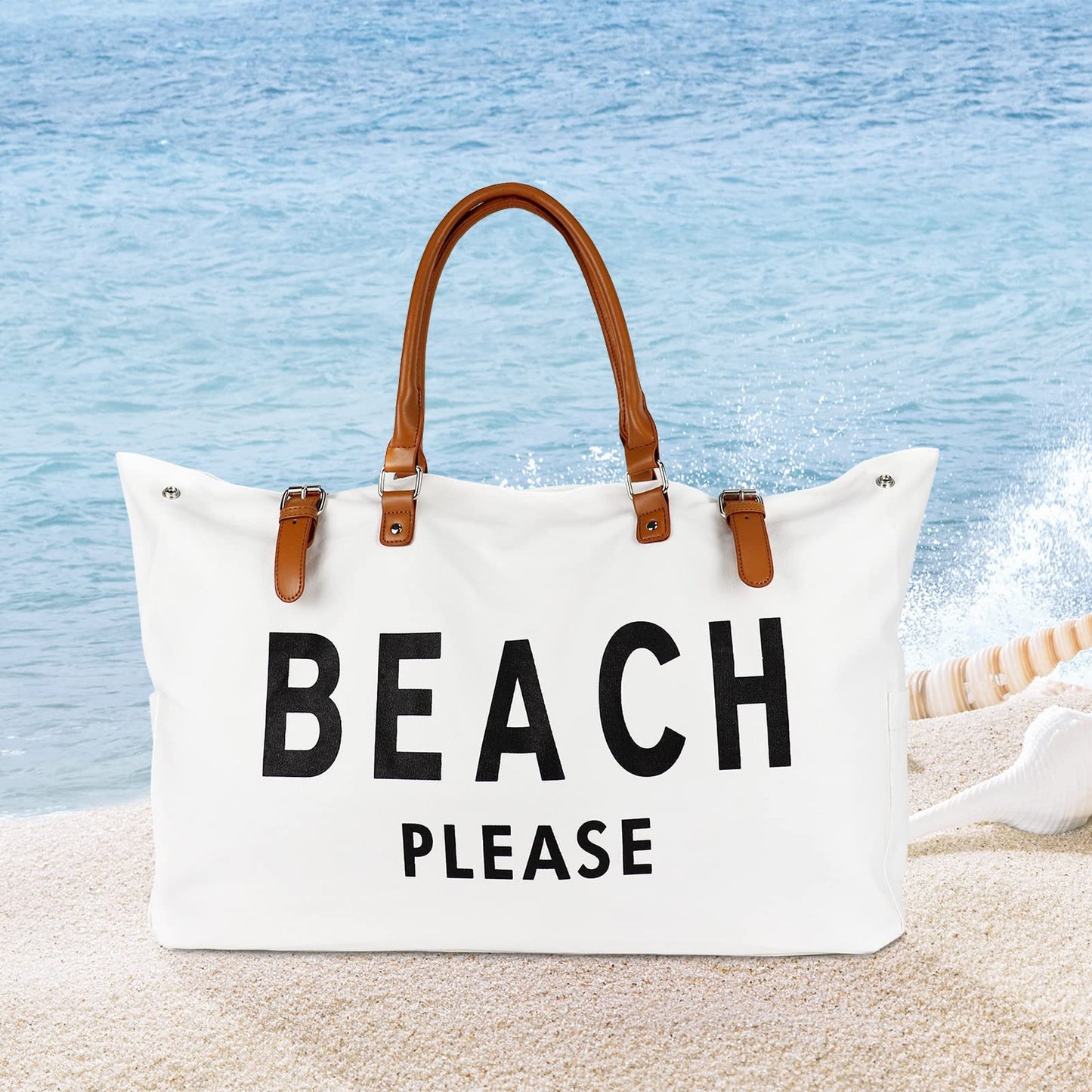 Lamyba Beach Tote Bag for Women, Oversized Travel Tote Bag with Vegan Leather Handle, Weekend Vibes White X-Large