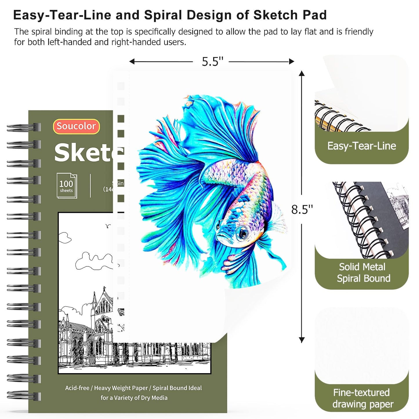 Soucolor 5.5" x 8.5" Sketchbook Pack of 2, 200 Sheets Blank Journal Notebook, A5, Spiral Bound Sketch Pad Drawing Book Acid-Free Paper (68lb/100gsm), Painting Sketching Drawing Notebook Art Supplies