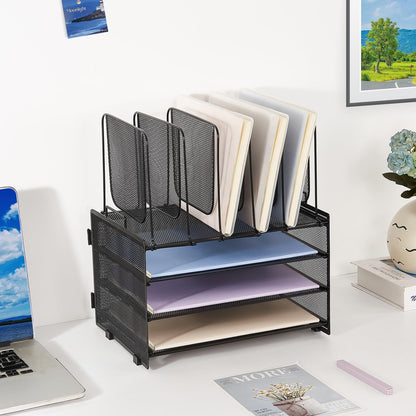 LEKETREE Desk Organizers and Accessories, 3-Tier Paper Organizer with 5 Vertical File Holders, File Folder Organizer (Black, 3T)