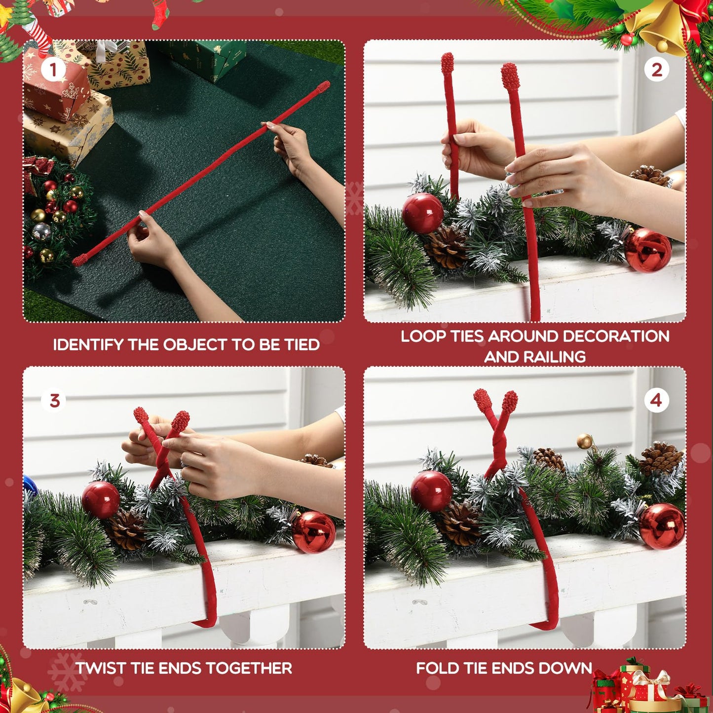 Zhengmy 16 Pcs 25 Inches Christmas Velvet Garland Ties Christmas Decorative Twist Ties for Banister Reusable and Flexible Twist for Xmas Home Decorations Holiday Craft Wrapping(Red)