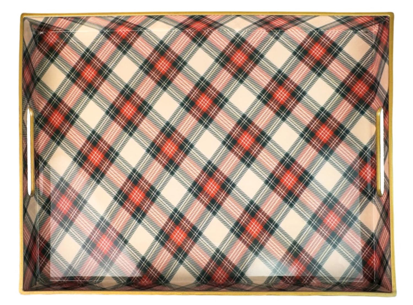 Umisriro Rectangular Decorative Tray with Handles, Plastic Serving Tray for Living Room, Home Decor, Christmas，15.7" x 11.8" Red Plaid