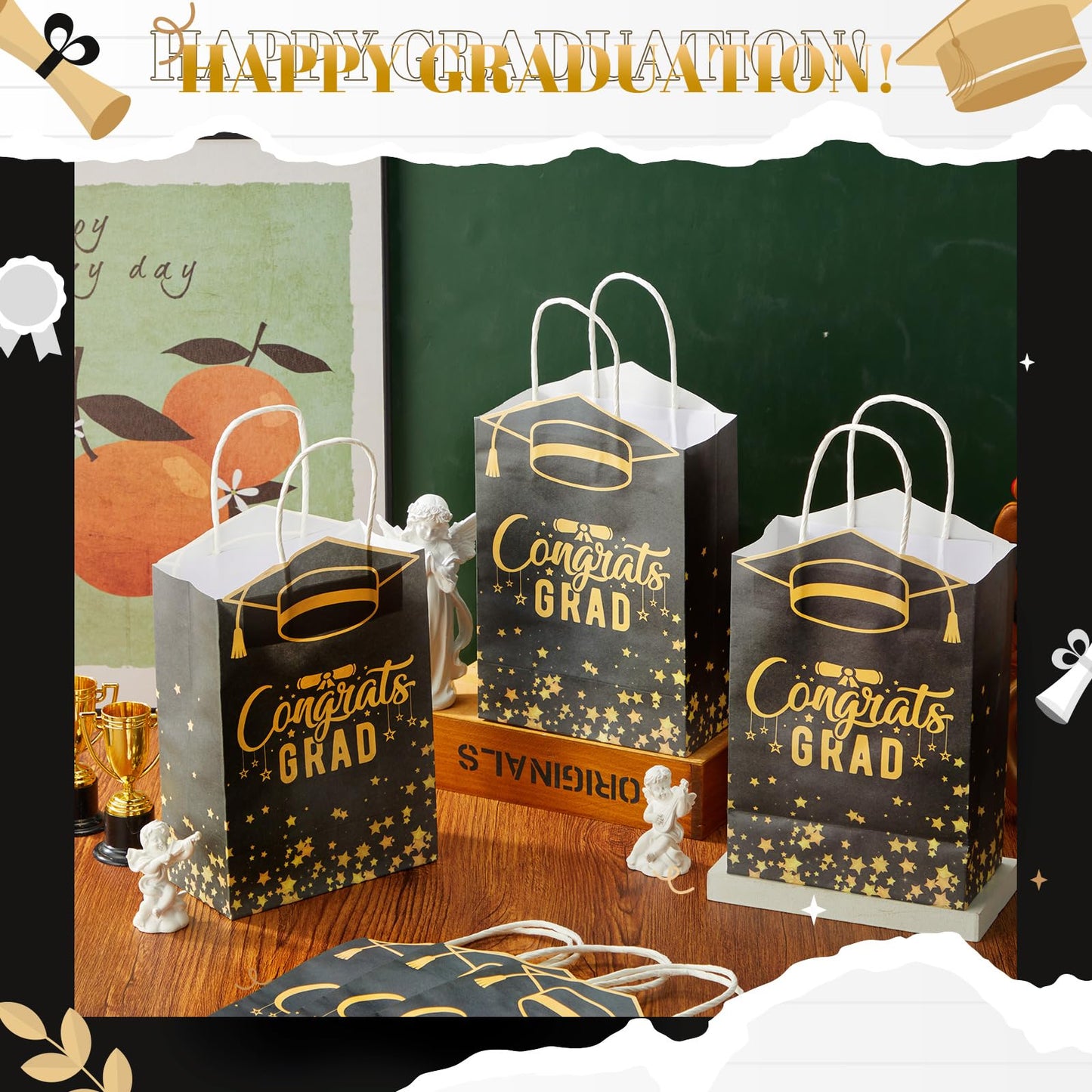 Geyoga 24 Pcs Graduation Gift Bags Bulk with Handles Class of 2026 Congrats Grad Party Favor Paper Bags Black and Gold Treat Goodie Bag for College High School University Gift Wrapping Supplies