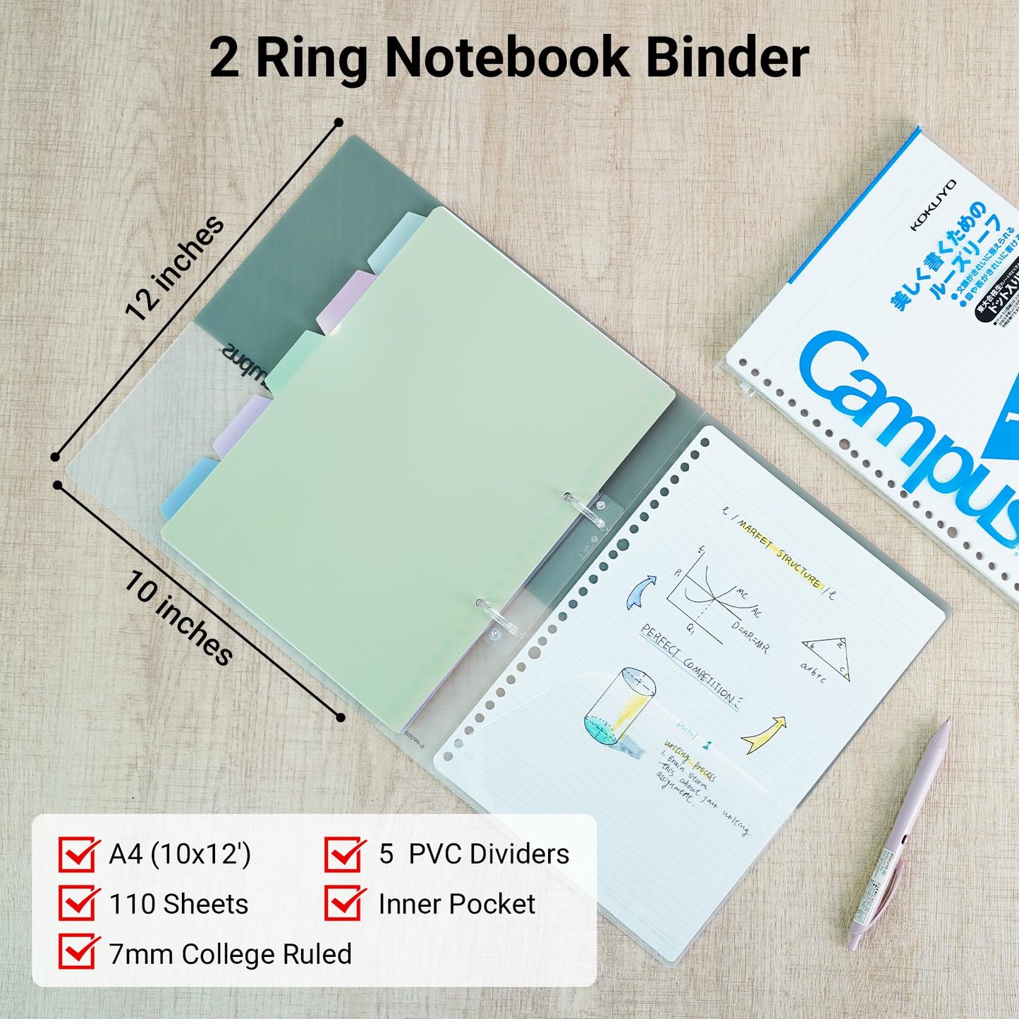 KOKUYO 5 Subject Spiral Notebook Journal, Campus 110 Sheets A4 Refillable Notebook with Dividers Tabs, College Ruled Binder Notebook for Work School Note taking, Blue, Japan Import