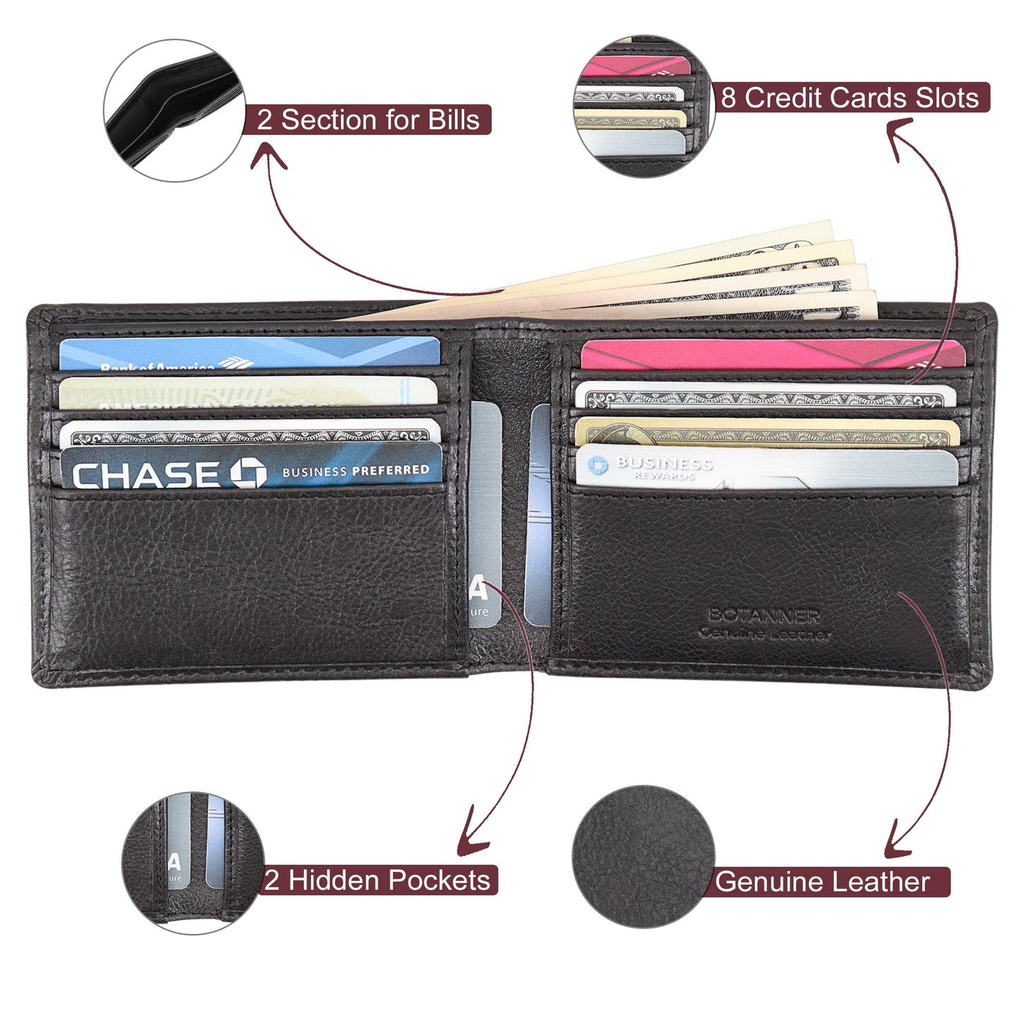 BOTANNER Genuine Leather Bifold Mens Slim Wallet RFID Blocking with 8 Credit Card Slots 2 Sections for Bills 2 Additional Slots | For Him (Black)