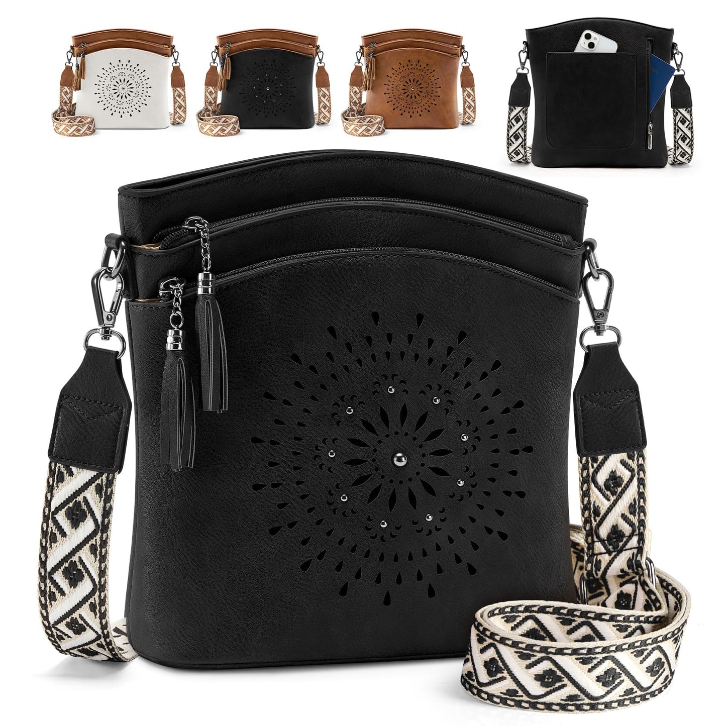 RAINSMORE Women's Medium Leather Crossbody Bag - Lightweight Purse for Weekend Shopping, Everyday Outings, Travel, Designer Trendy Shoulder Handbags with Adjustable Guitar Strap, Multiple Pockets