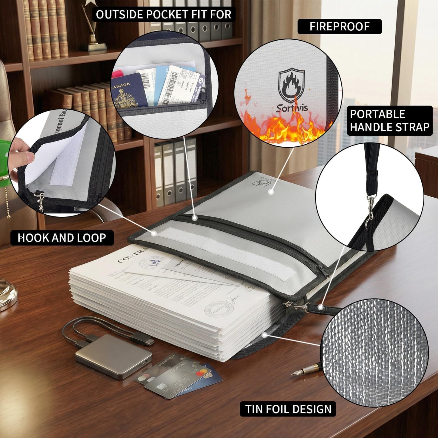 Sortivis Expandable Fireproof Document Bag for Important Documents, Vertical File Organizer with Front Pocket, Water-Resistant Document Holder for Passport, Certificates, Legal Papers & Tablet (Case)