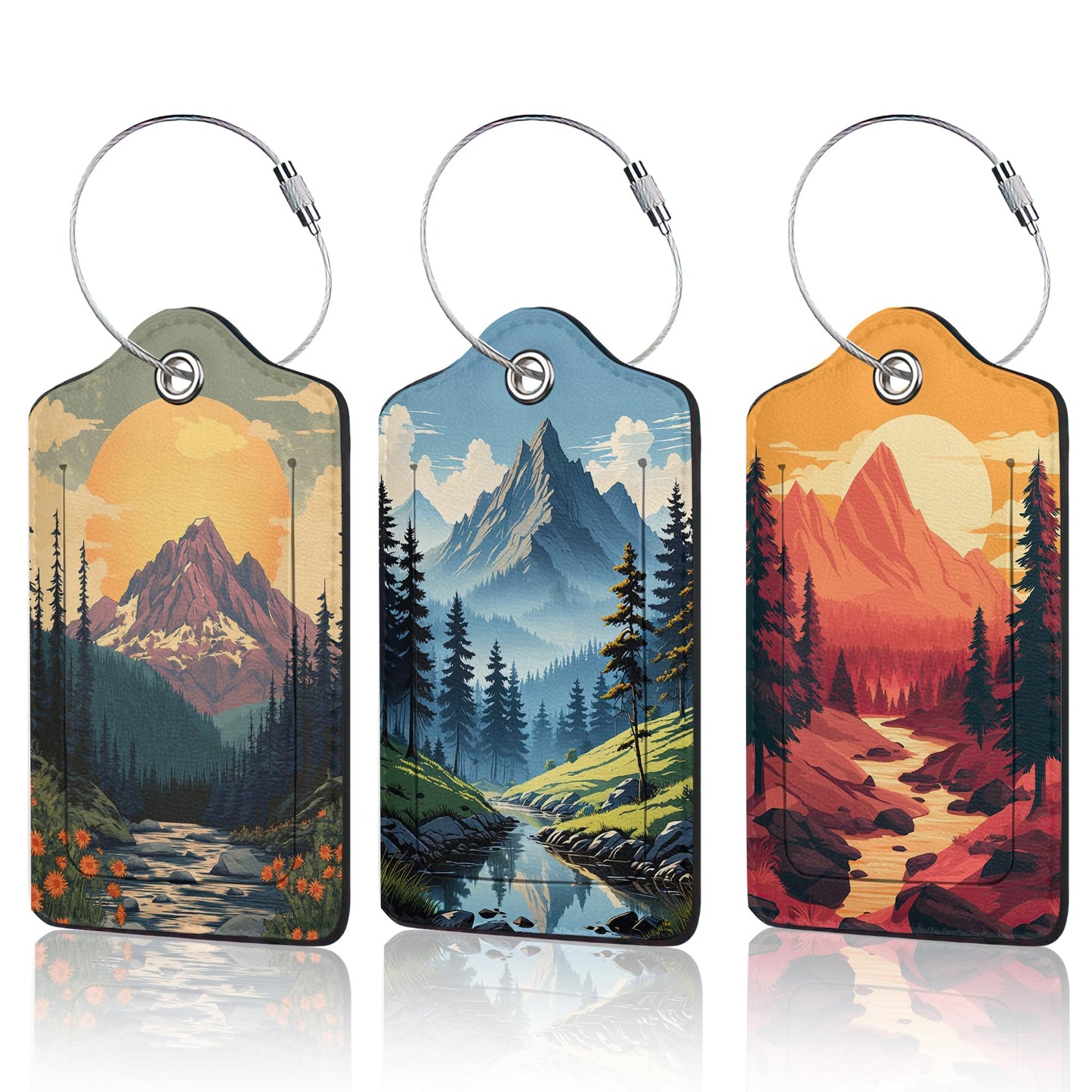 Vintage Mountain Luggage Tag for Suitcase,Forest Lake Design with Privacy Flap Name ID Label Metal Loop, 3 Pack