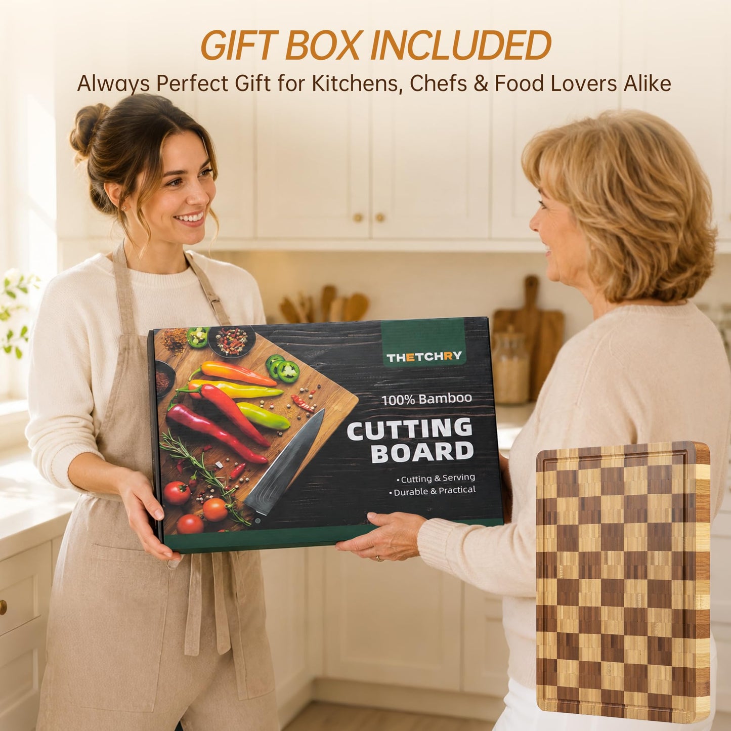 Bamboo Cutting Boards for Kitchen, End Grain Wood Cutting Board with Juice Grooves & Handles, Charcuterie Checkered Chopping Board Thick Butcher Block Serving Tray with Gift Box, 16.5"×11.6"× 1"