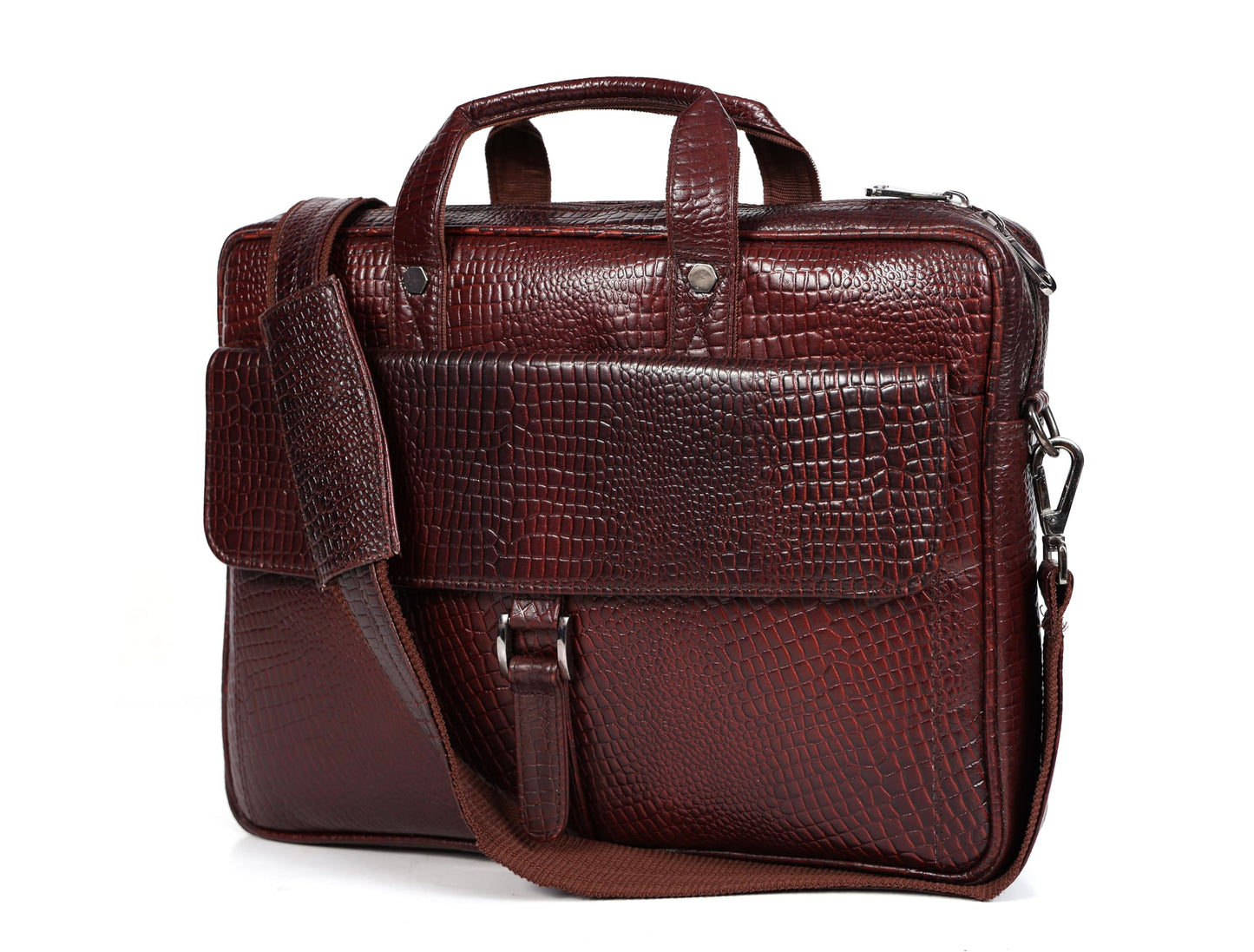 Leder Luxus 16" Crocodile Embossed Leather Briefcases for Men, Laptop Briefcase For Men, Satchel Shoulder Bag,2 Zipper Pockets, 2 Spacious Compartments,1 Flap Pocket 12x16x4 inches (Classic Brown)