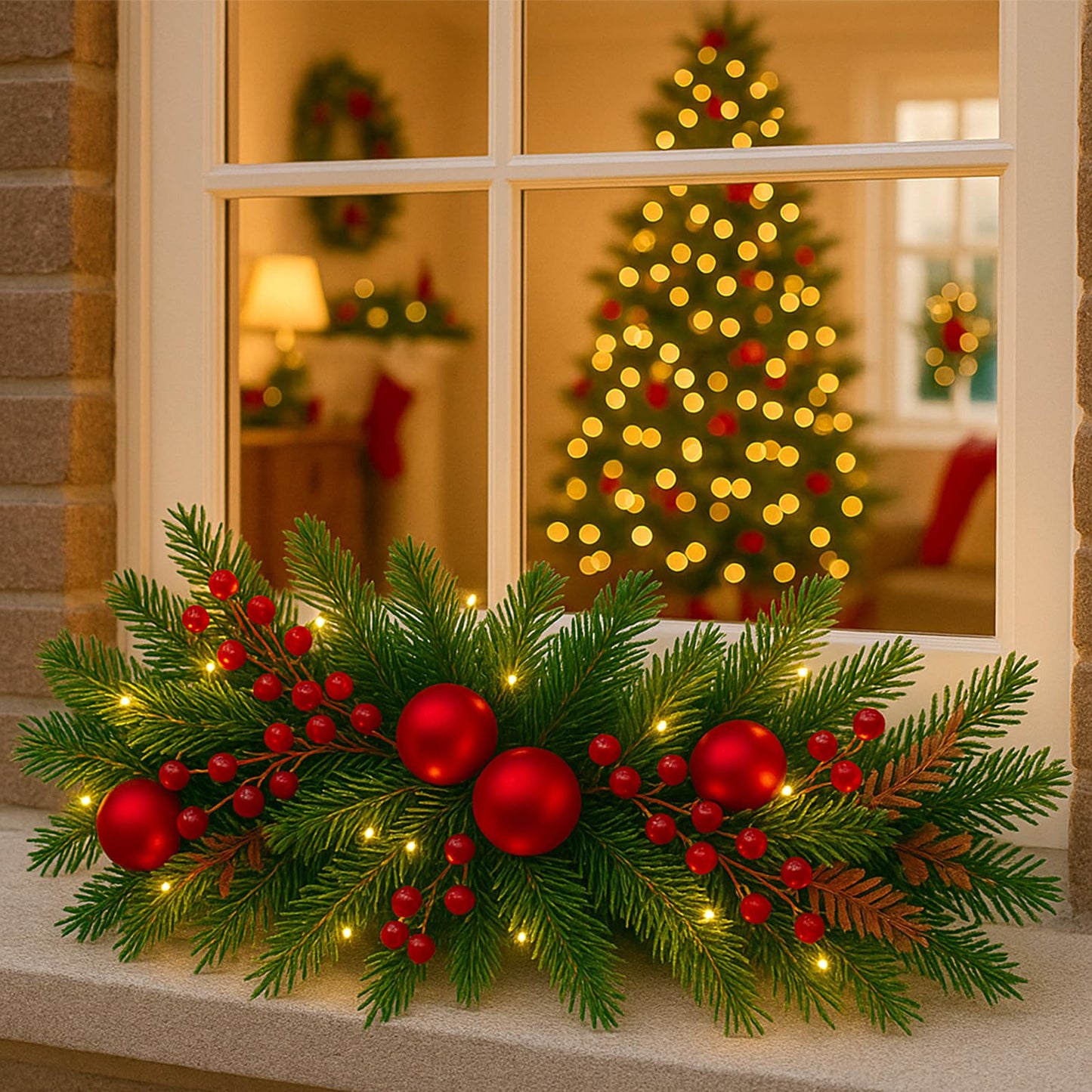 Yalikop 24.5 inch Christmas Swags with Light Artificial Pine Needles Swag Decoration Greenery Christmas Swag for Front Door Window Stair Fireplace Mantle Holiday Xmas Decor(Ball and Berry)