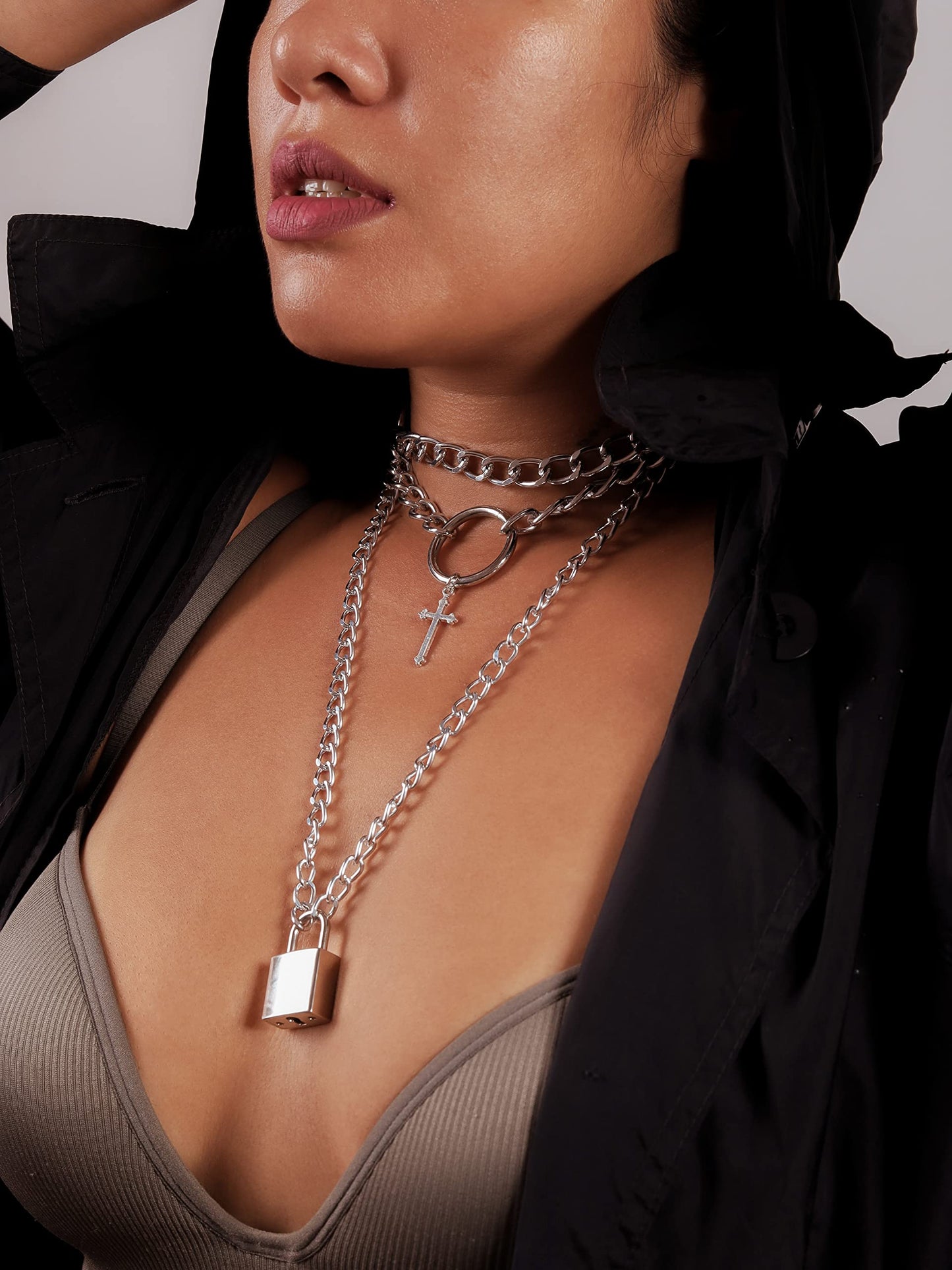 Sacina Gothic Punk Grunge Layered Cross Lock Choker Collar Necklace, PU Leather Collar, Goth Jewelry, Halloween Christmas Jewelry Gift for Women