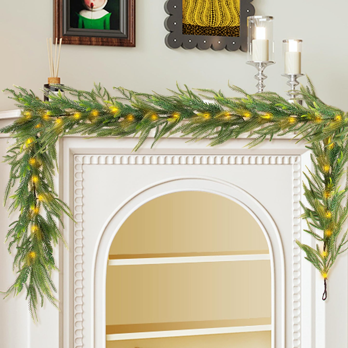 MINDELF 6 FT Artificial Christmas Norfolk Pine Garland, Real Touch Pine Garland with 20 LED Lights, Mixed with Noble Fir, ‌Heavier and Larger, Timer, Perfect for Table Window Mantel Indoor Outdoor