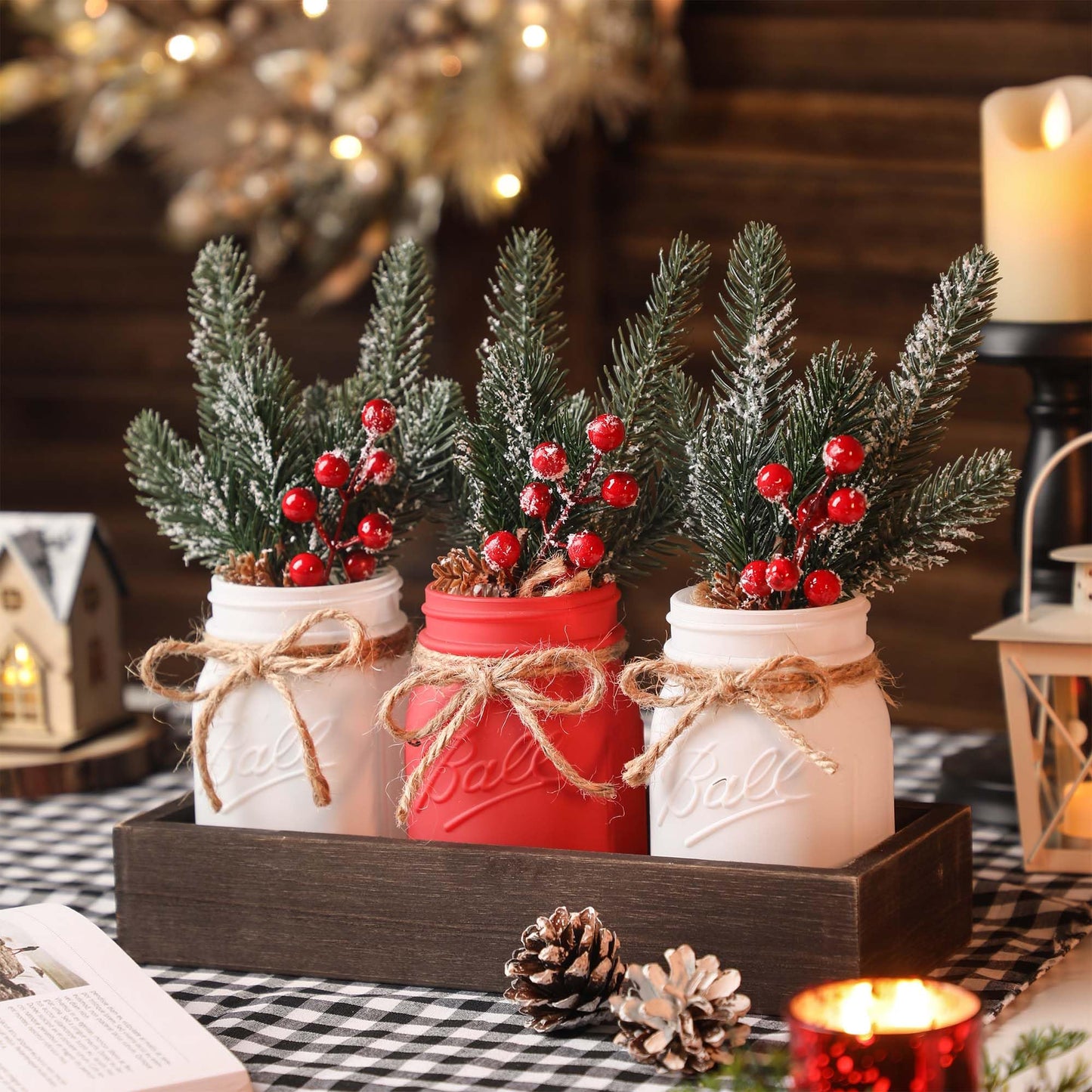 Christmas Mason Jars, Christmas Centerpieces for Tables, Wood Tray & 3 Painted Decorative Jars, Xmas Table Centerpieces Decoration, Farmhouse Dining Table Kitchen Decorations Home Decor