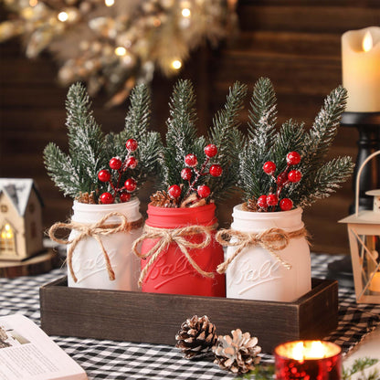 Christmas Mason Jars, Christmas Centerpieces for Tables, Wood Tray & 3 Painted Decorative Jars, Xmas Table Centerpieces Decoration, Farmhouse Dining Table Kitchen Decorations Home Decor