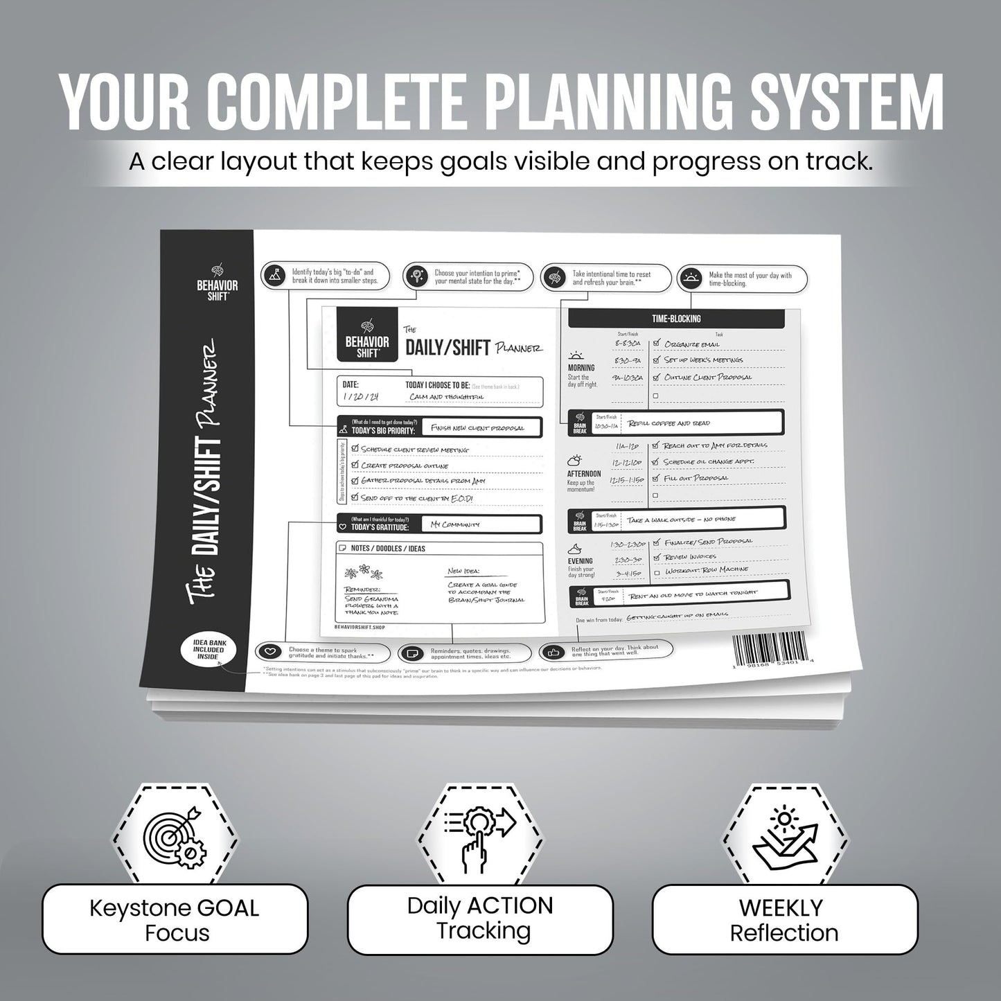 The Behavior Shift Daily Desktop Planner - 8.5 X 11 Inches undated Tear off Sheets - 13 week planning pad with checklist - Brain Dump Notepad for work, school & home organizer
