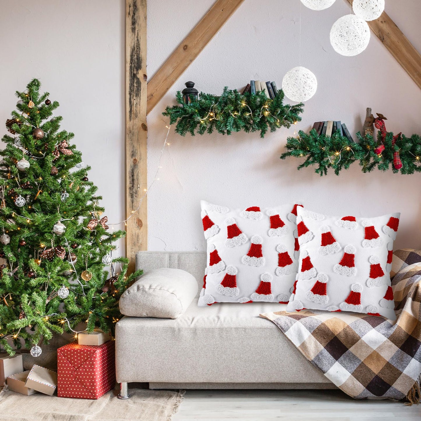 Mixweer 2 Pcs Tufted Christmas Throw Pillow Cover 18 x 18 Inch Santa Hat Pillow Covers 3D Xmas Pillows Case Decorative Soft Cushion Cover for Sofa Couch Bed Room