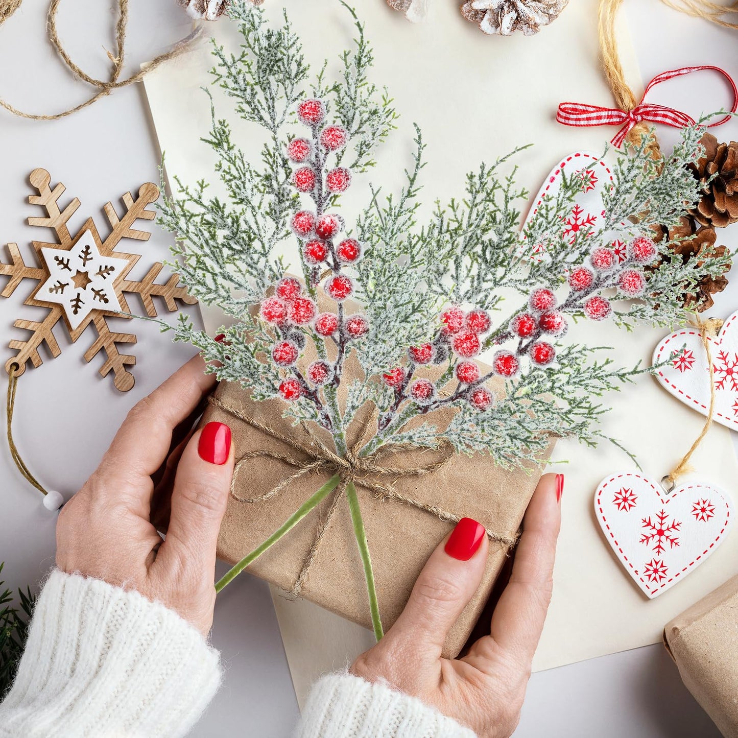 GoClimber 6 Pcs Snowy Artificial Cedar Picks with Red Berries, Christmas Tree Picks Frosted Faux Cedar Sprays with Greenery Branches Stems, Floral Picks for Vase Fillers Craft Wreath Holiday Décor