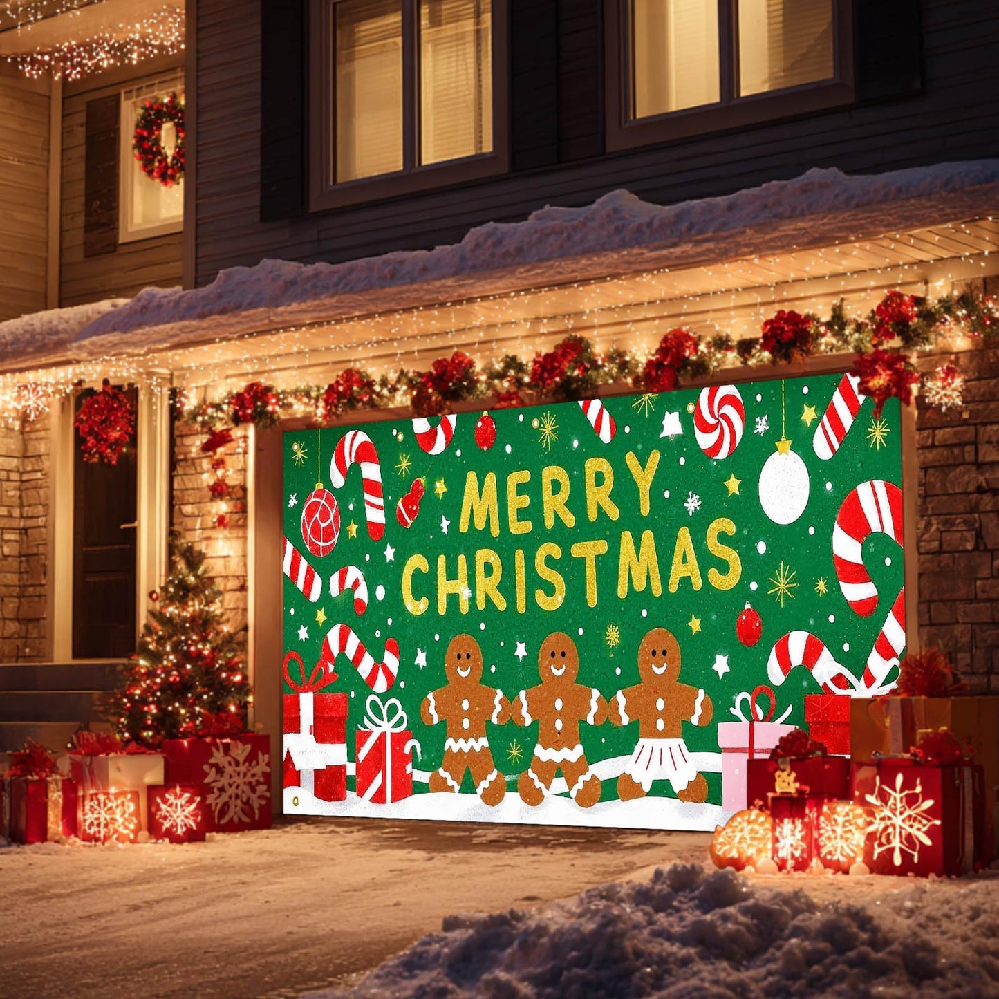 HOMETITUTE Merry Christmas Gingerbread Man Garage Door Banner 13x6ft Green Background Candy Gift Boxes Snowflakes Baubles Holiday Yard Display Photo Backdrop Outdoor Seasonal Decoration