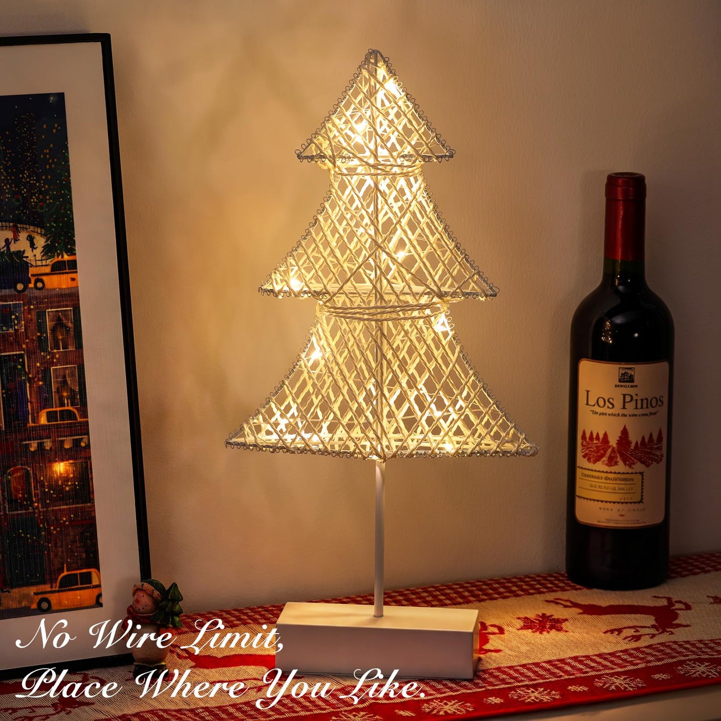 Lewondr Christmas Tree Lamp, Winding Cotton Thread Mini Christmas Tree with Lights, Battery Powered Desktop Christmas Light for Xmas Home Bedside Table Lamp Decorative Tree for Table Top, White