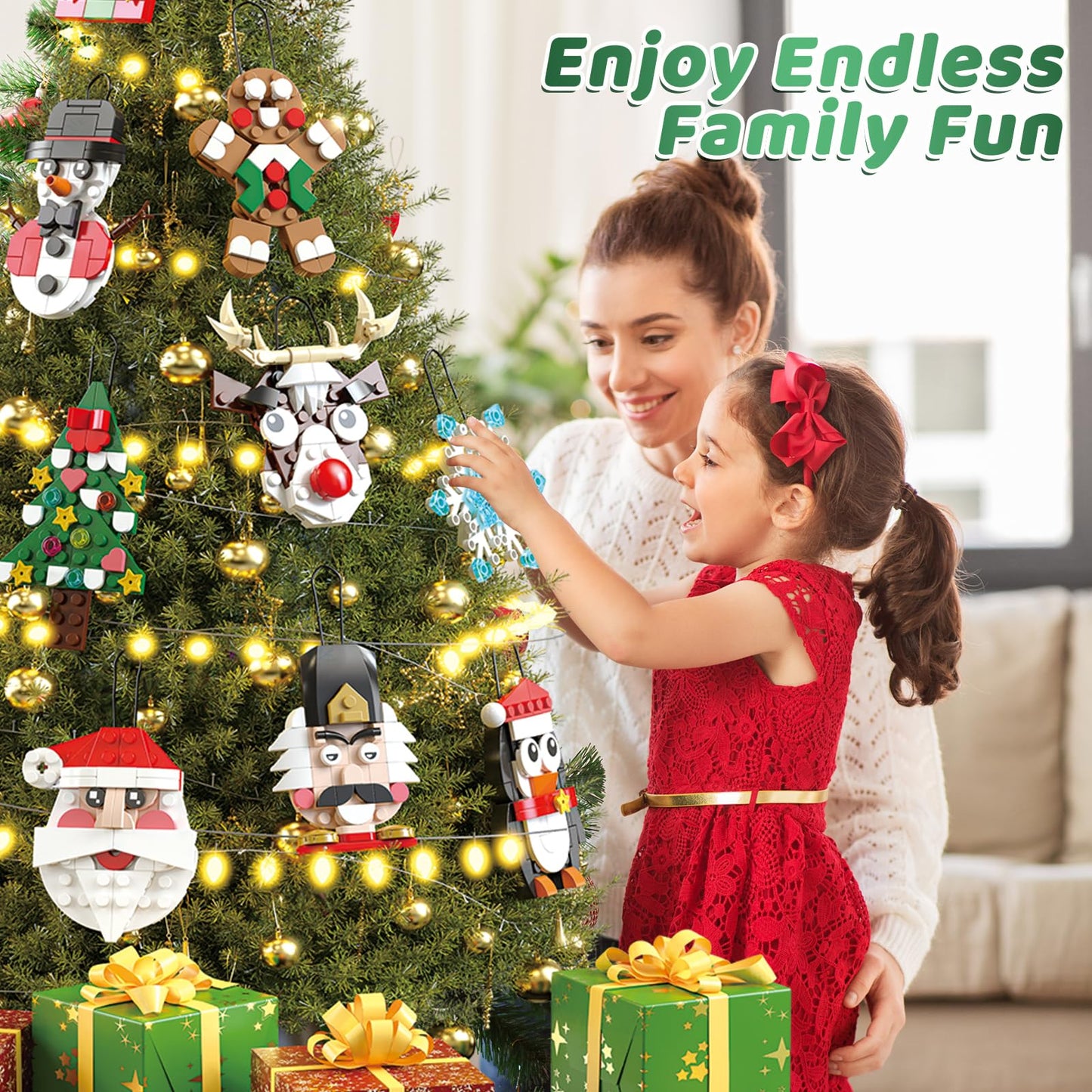 Christmas Ornaments Building Blocks Set,12 PCS Christmas Ornaments Building Kit, Santa, Snowman, Reindeer, Christmas Tree, Snowflake, Stocking, Stocking Stuffers Decor Toys Gifts for Boys Girls Kids