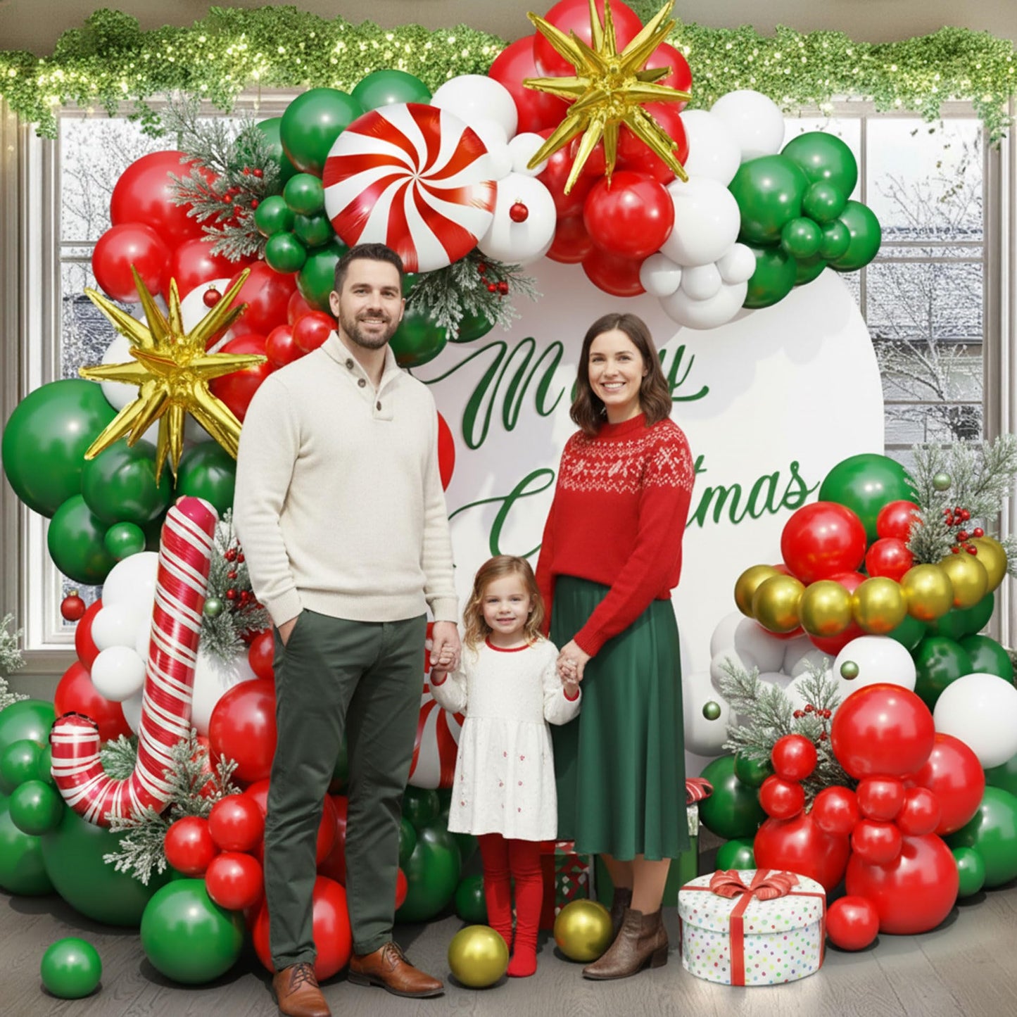 Ceeulvu Christmas Balloon Arch Kit, Red Green Gold White Balloon Garland with Star Candy Cane Foil Balloons for Xmas Party