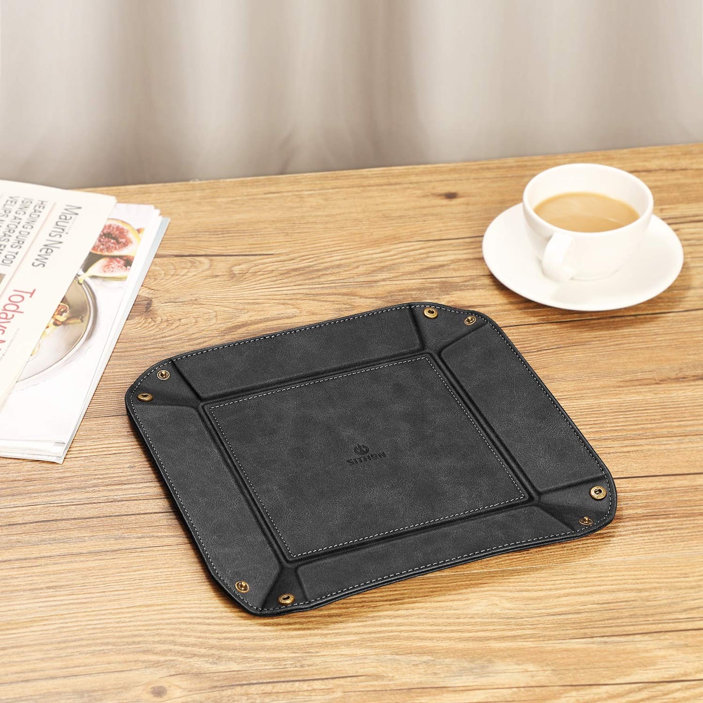 SITHON Valet Tray Desktop Storage Organizer – Premium PU Leather Catchall Bedside Vanity Tray Nightstand Caddy Holder for Keys, Phone, Wallet, Coin, Jewelry, Valentine's Day Gift, Black