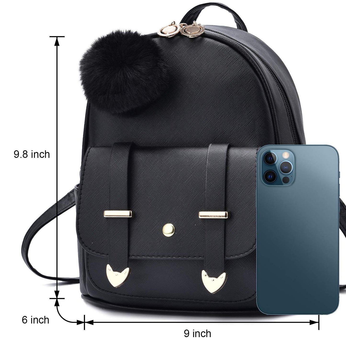 I IHAYNER Girls Fashion Mini Backpack Purse for Women & Teenage Girls - PU Leather Pompom Backpack Shoulder Bag - Black