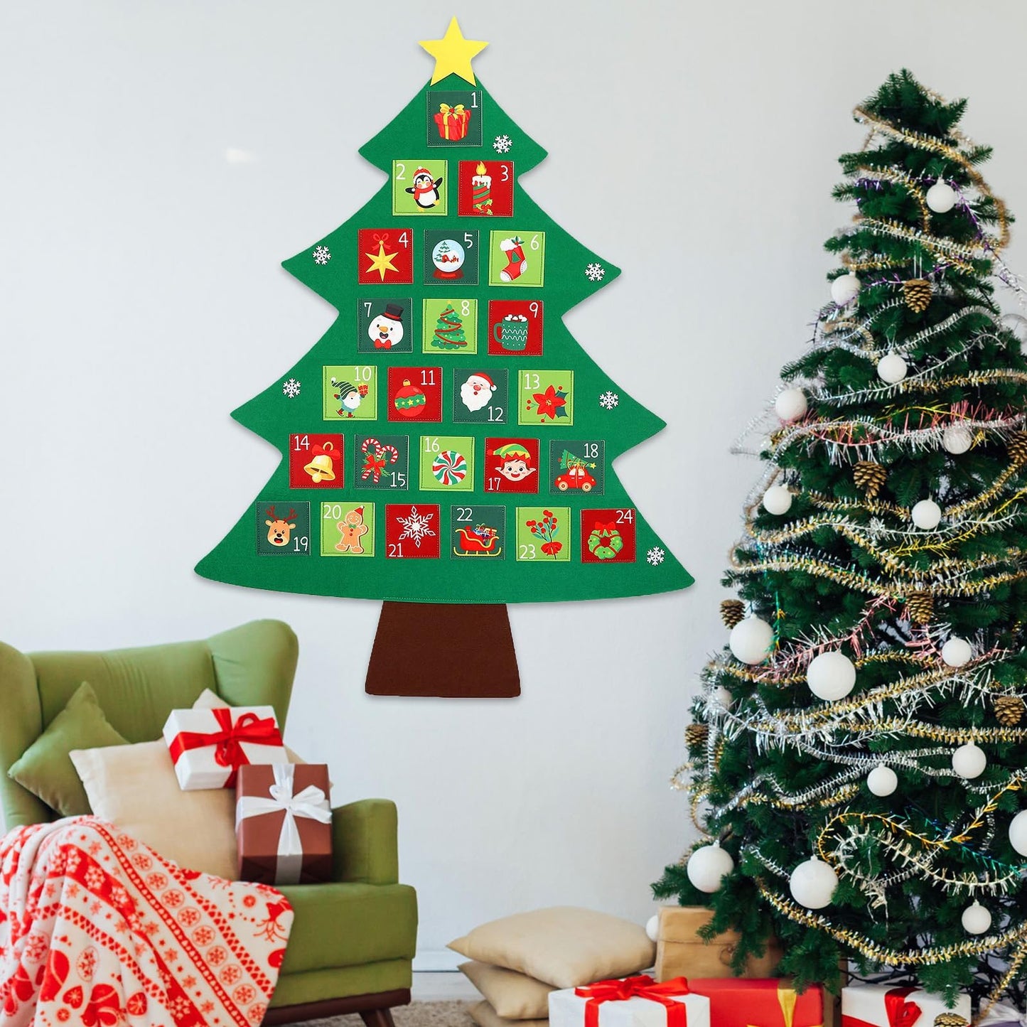 Christmas Tree Advent Calendar 2025, 24 Days Countdown Calendar with 24 Festive Pockets Advent Christmas Countdown Calendar Xmas Hanging Advent Calendar Wall Door Hanging Decor Gift for Kids Adults