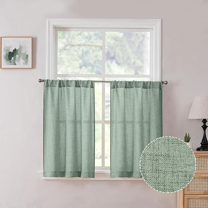 Tollpiz Linen Tier Curtains Rod Pocket Semi Sheer Short Kitchen Curtain Half Burlap Light Filtering Thick Linen Drape for Bathroom, 30 x 30 inches Long, Sage Green, Set of 2 Panels